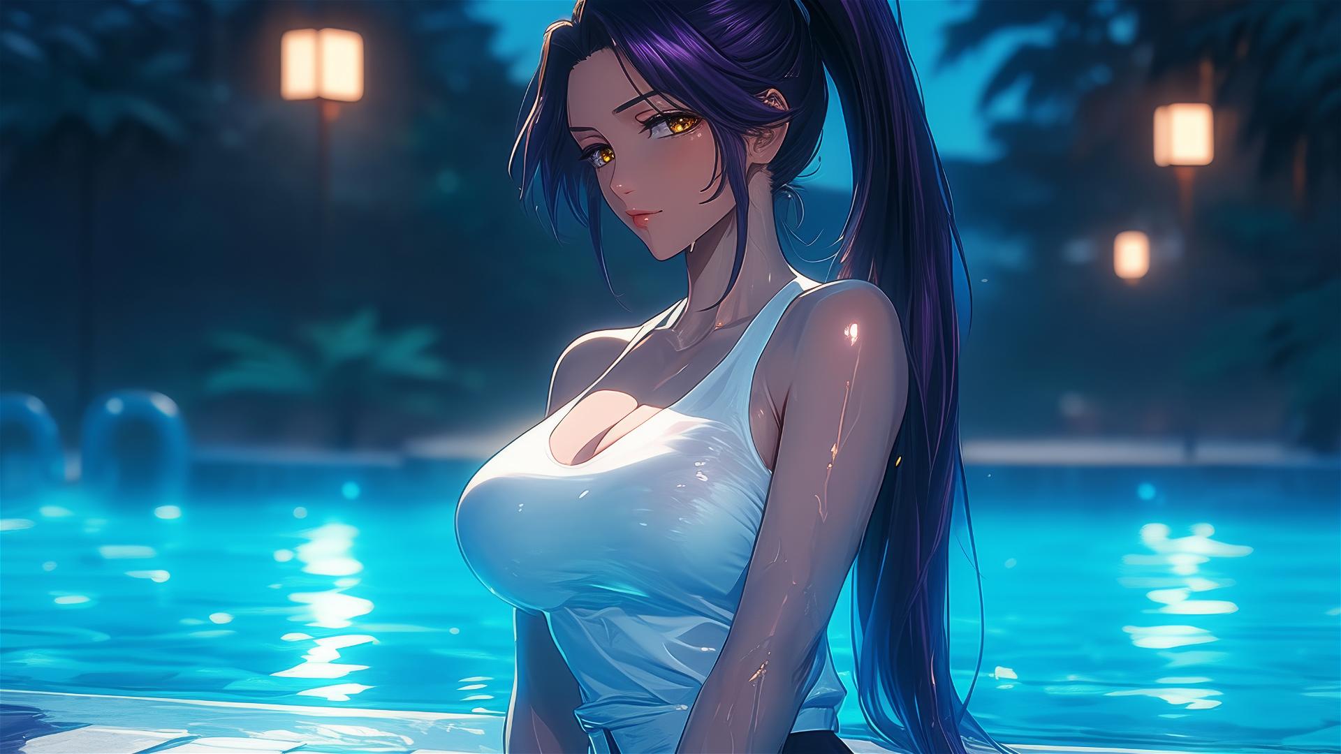 Yoruichi Shihouin resting by pool under moonlight, golden eyes, long purple ponytail