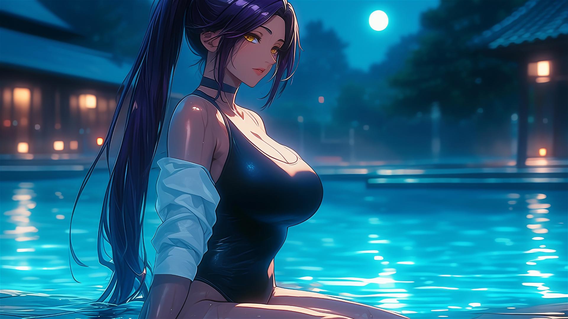 Yoruichi Shihouin resting by pool under moonlight, dark skin, golden eyes, purple ponytail