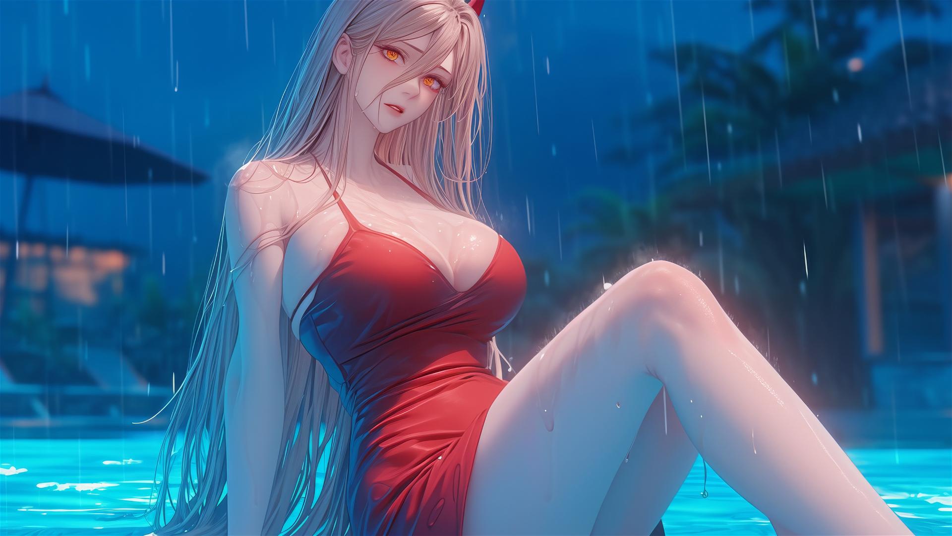 Power from Chainsaw Man resting at rainy pool, with light red horns and yellow eyes in red dress