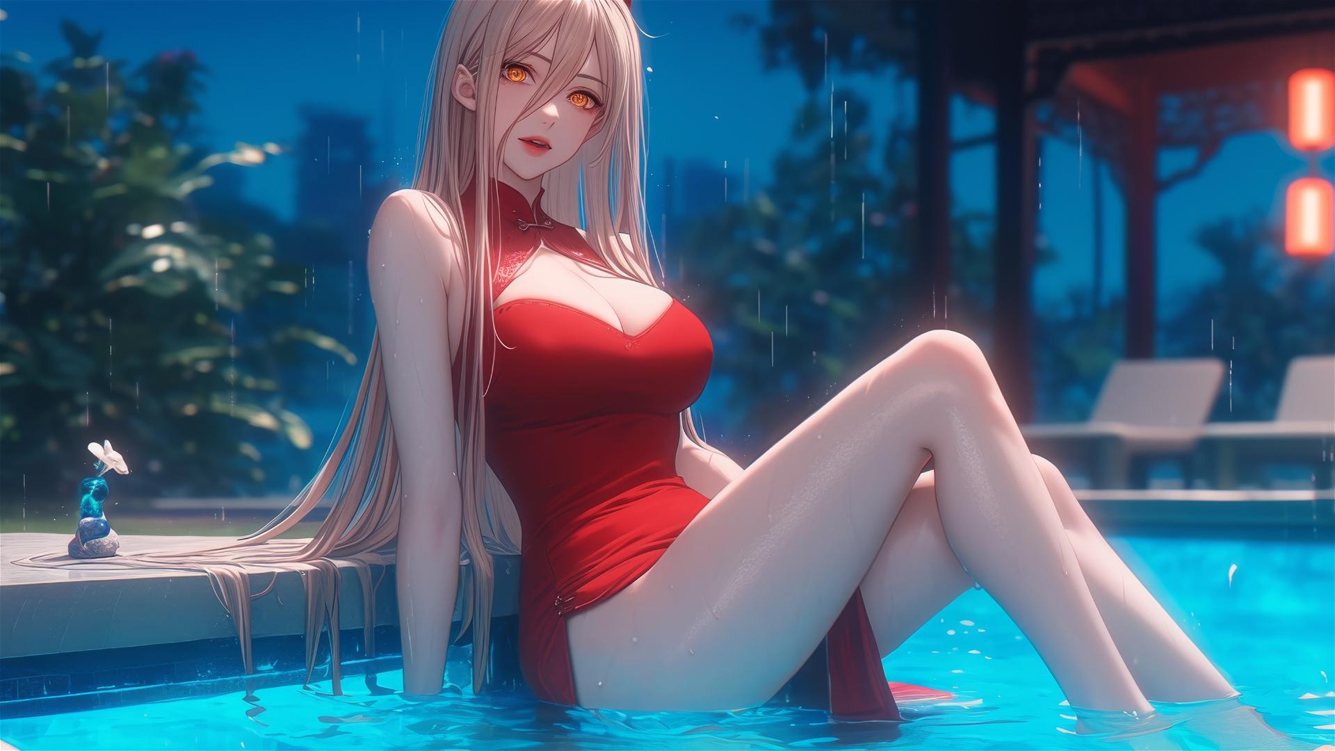 Power from Chainsaw Man rests at a rainy pool, light red horns, yellow eyes, in red dress.