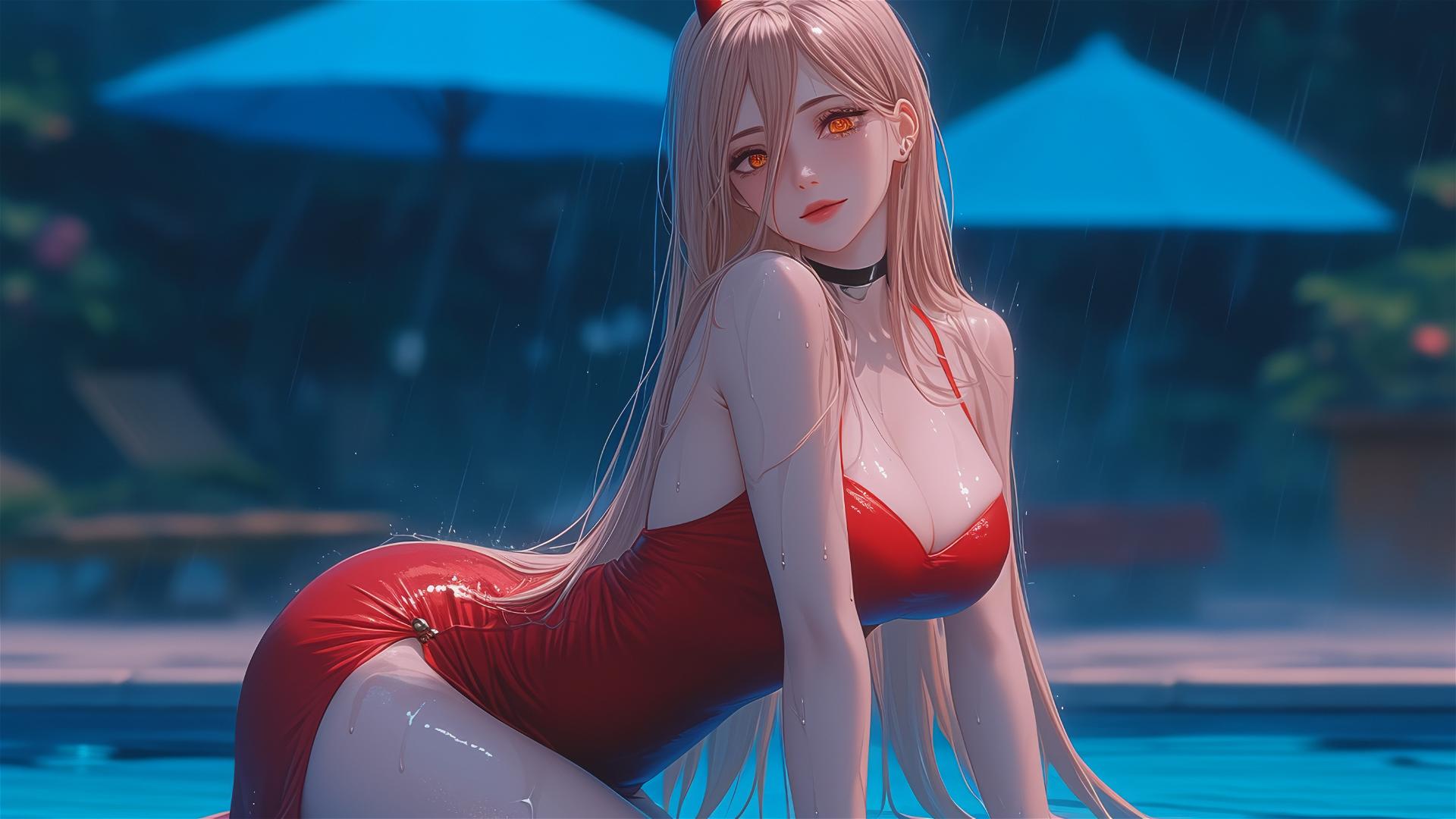 Power from Chainsaw Man with blond hair and light red horns, resting at rainy pool, in red dress