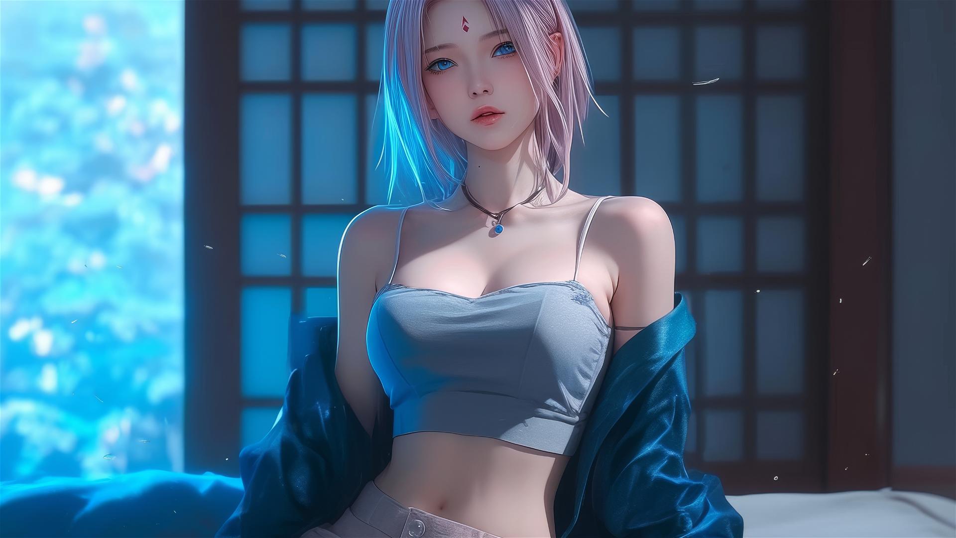 Sakura Haruno resting in a Japanese house under moonlight
