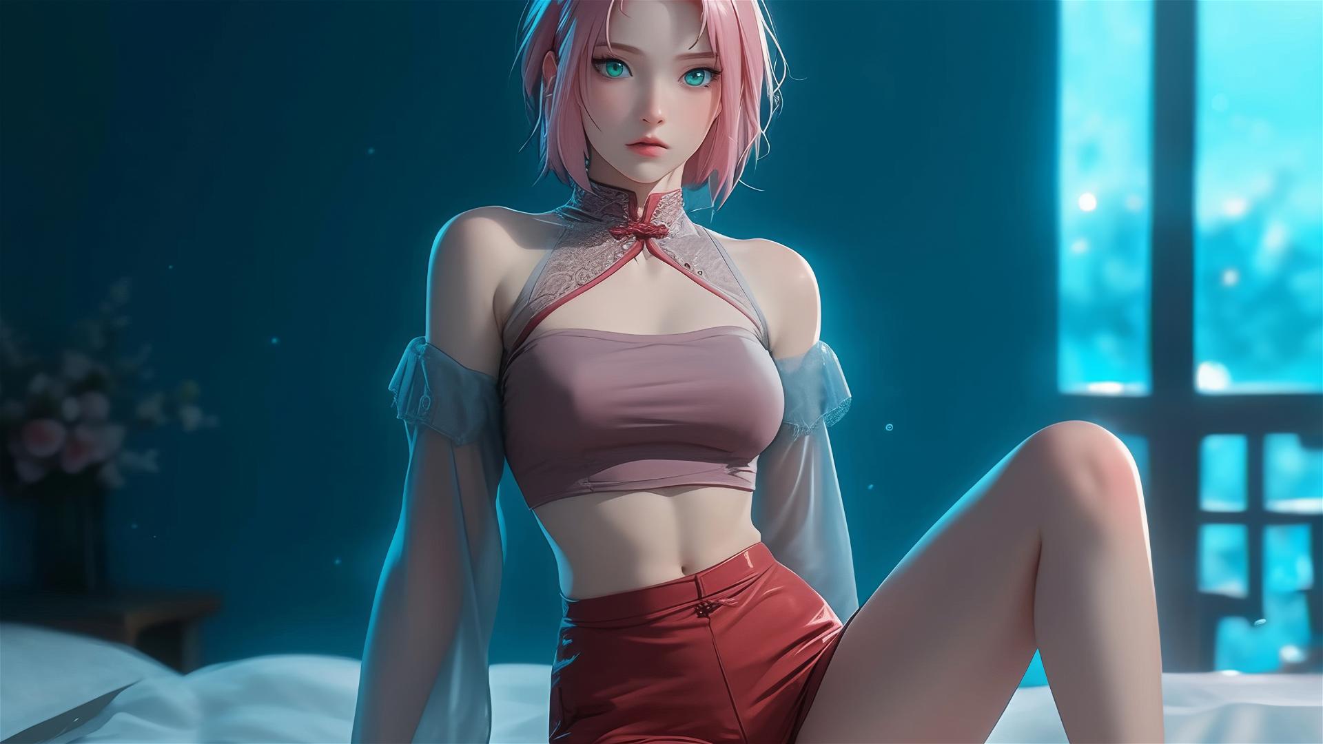 Sakura Haruno resting in apartment under moonlight, short hair