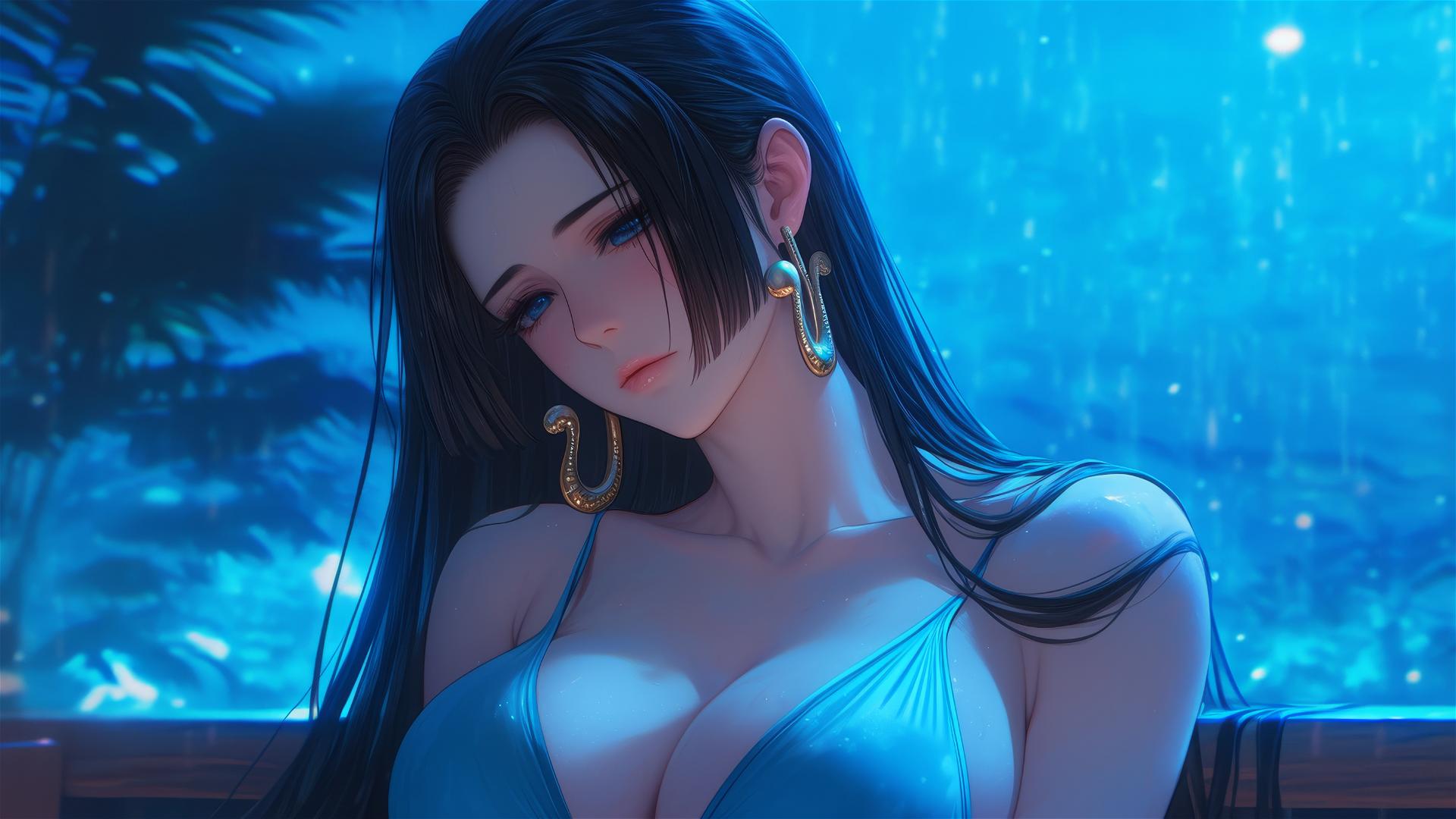 Boa Hancock from One Piece resting in an apartment under moonlight