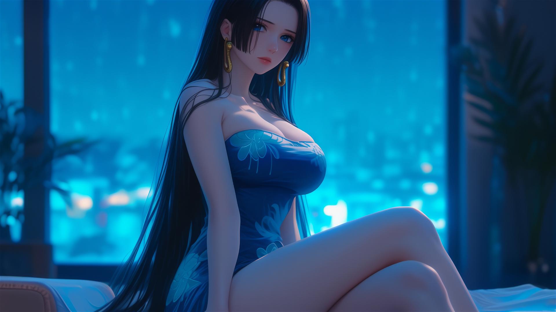 Boa Hancock from One Piece sitting in apartment under moonlight
