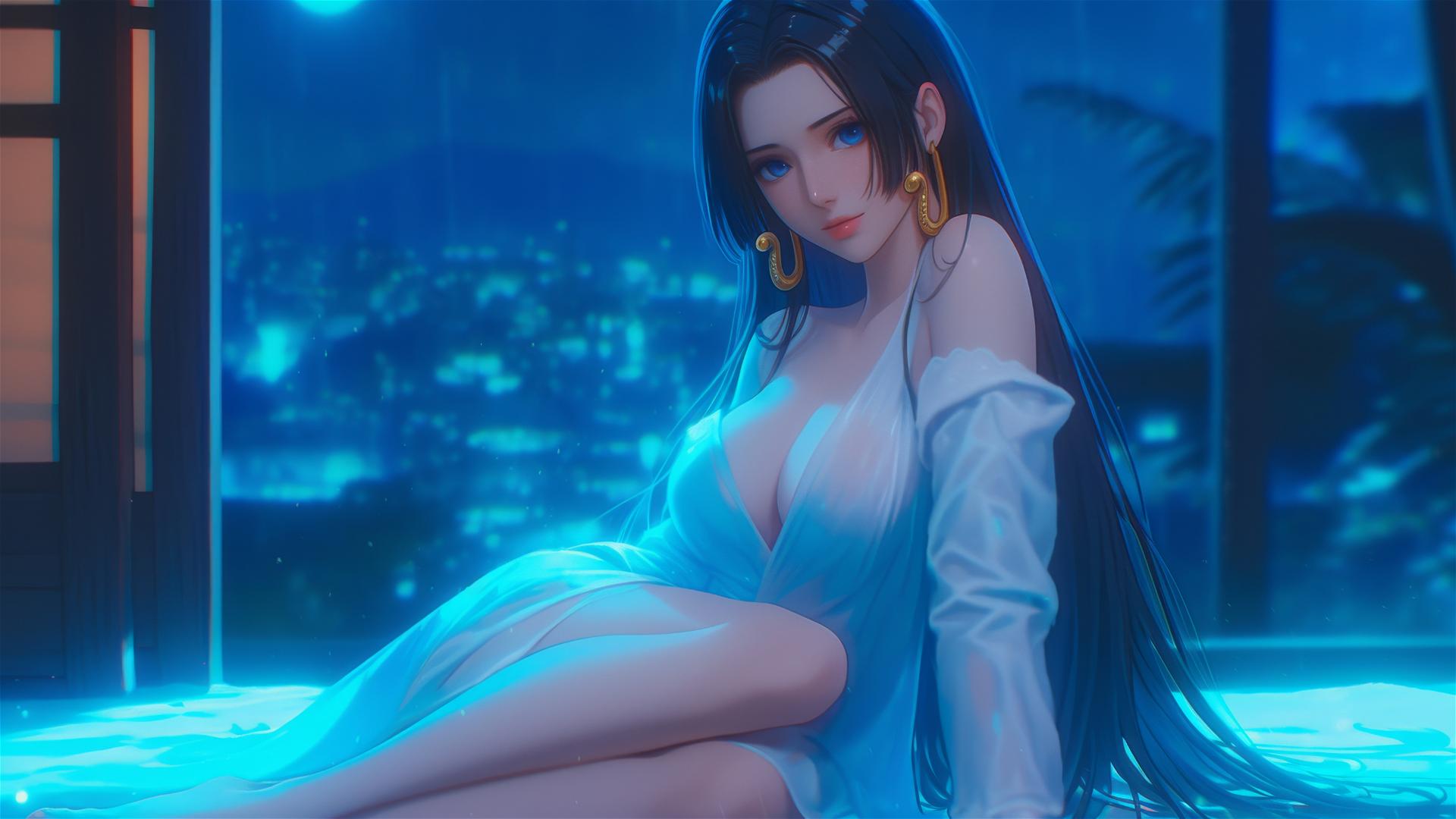 Boa Hancock from One Piece leisurely sitting in apartment under moonlight