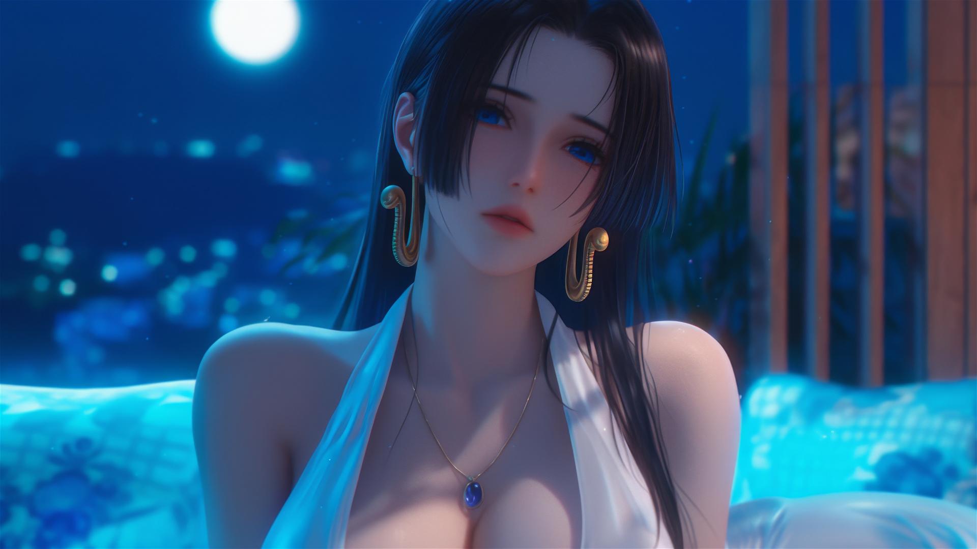 Boa Hancock from One Piece resting in apartment with moonlight casting a soft glow