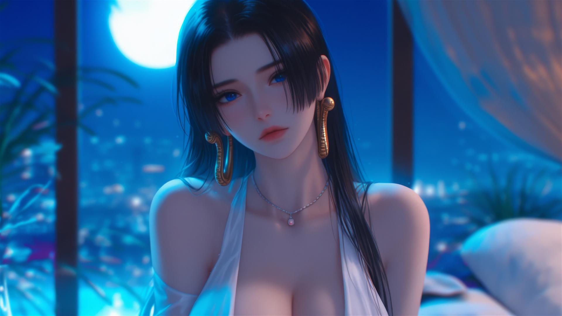 Boa Hancock resting in apartment with moonlight glow, short hair