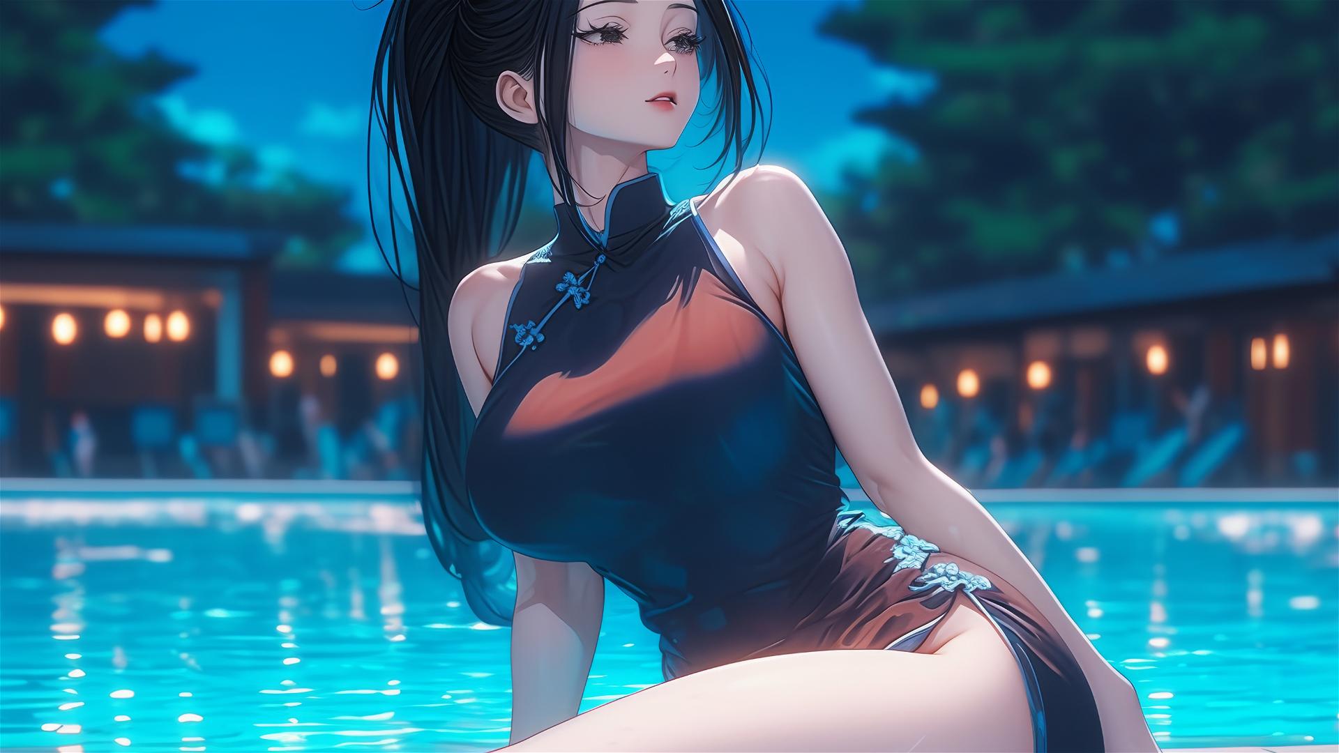 Momo Yaoyorozu resting by pool under moonlight