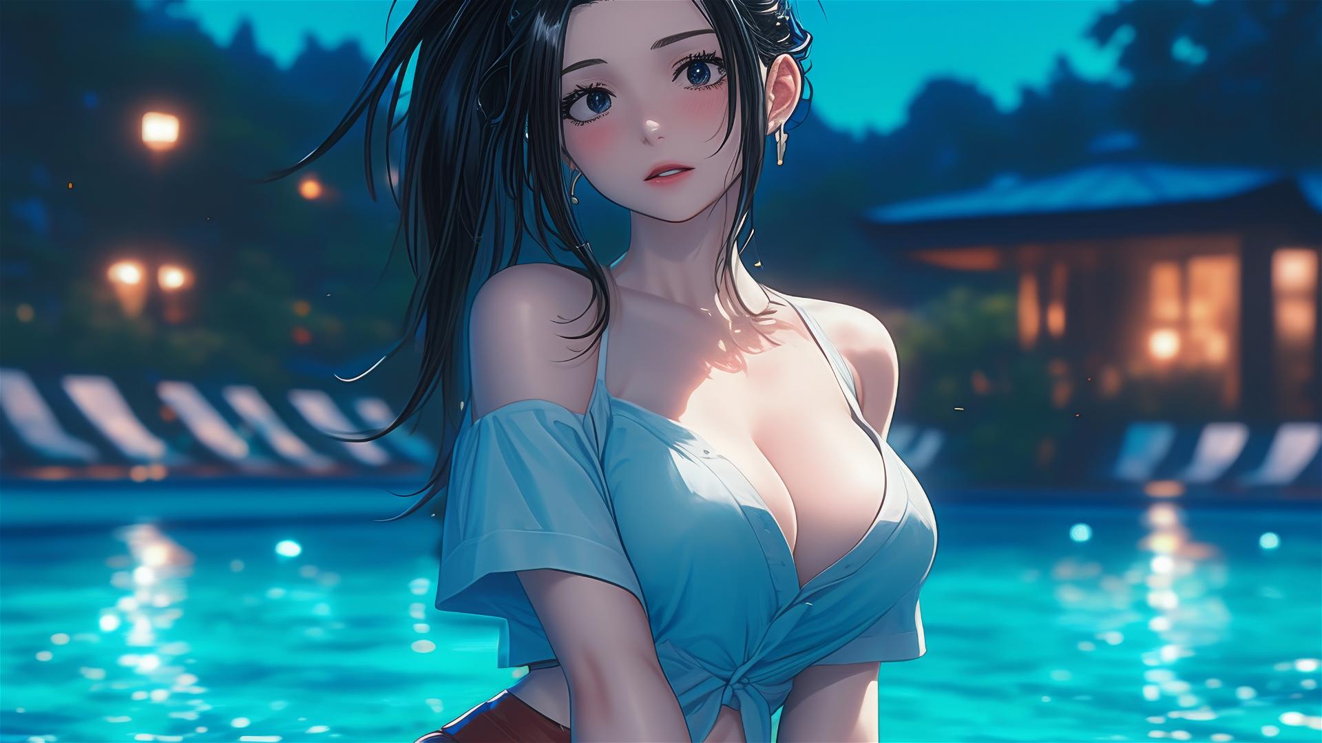 Momo Yaoyorozu resting by a pool under moonlight