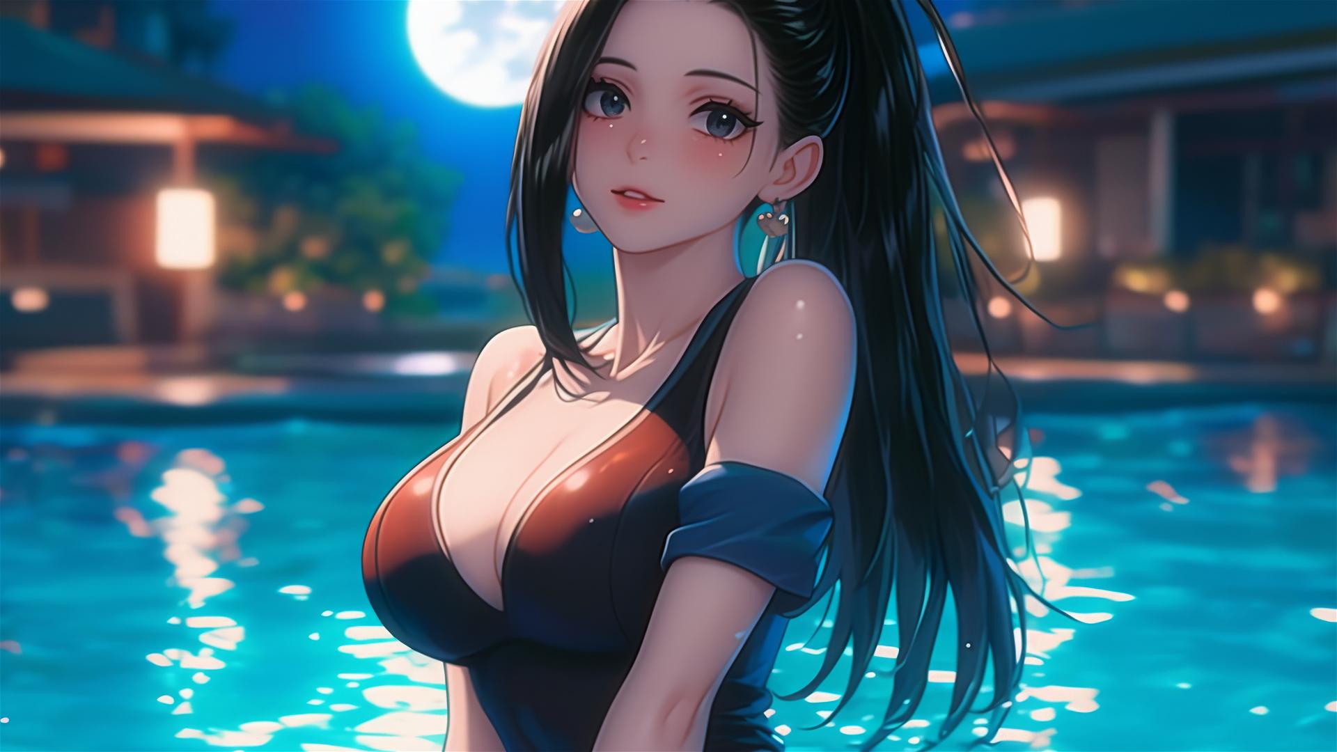 Momo Yaoyorozu resting by the pool under moonlight
