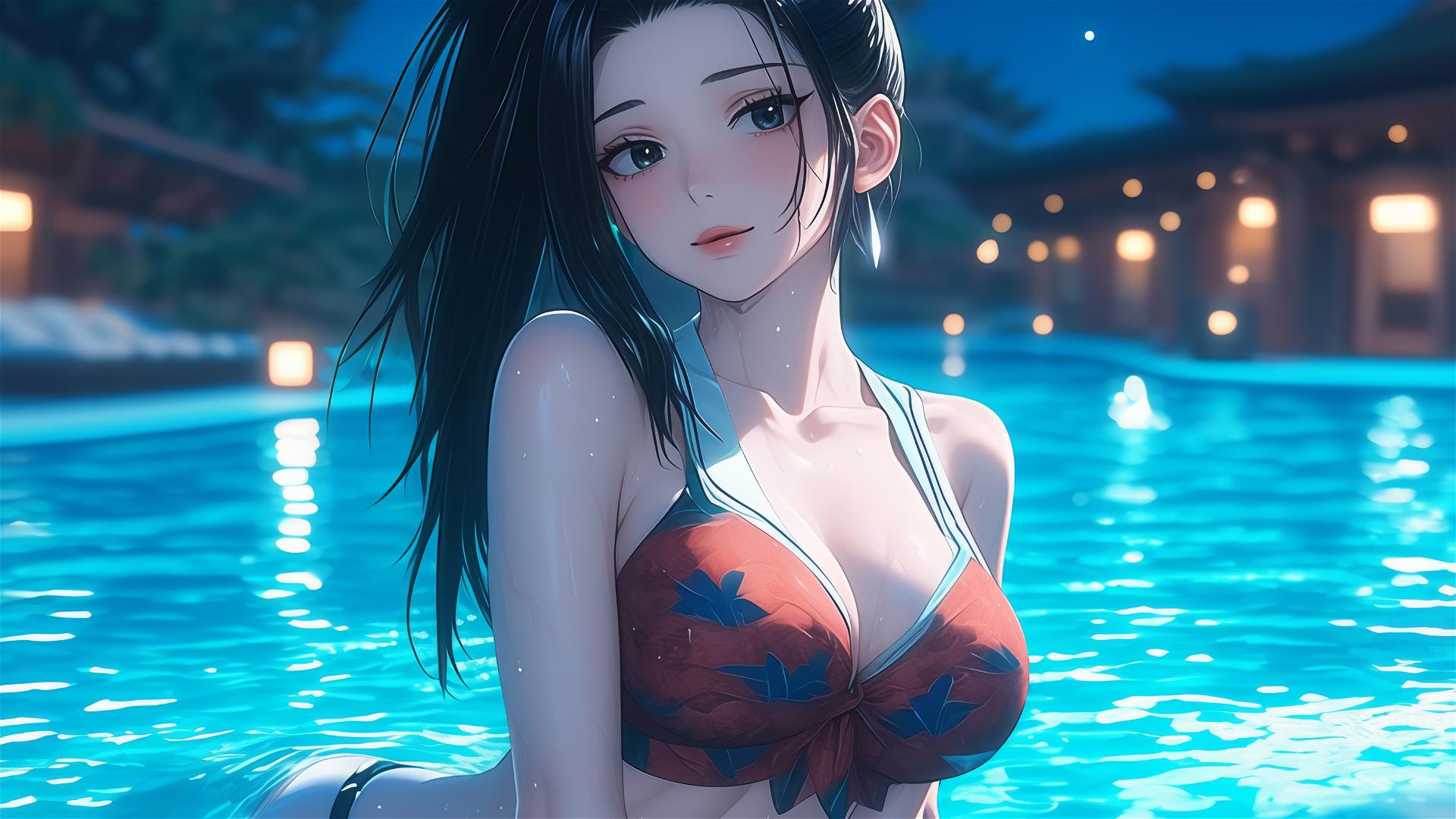 Momo Yaoyorozu from My Hero Academia resting by the pool under moonlight