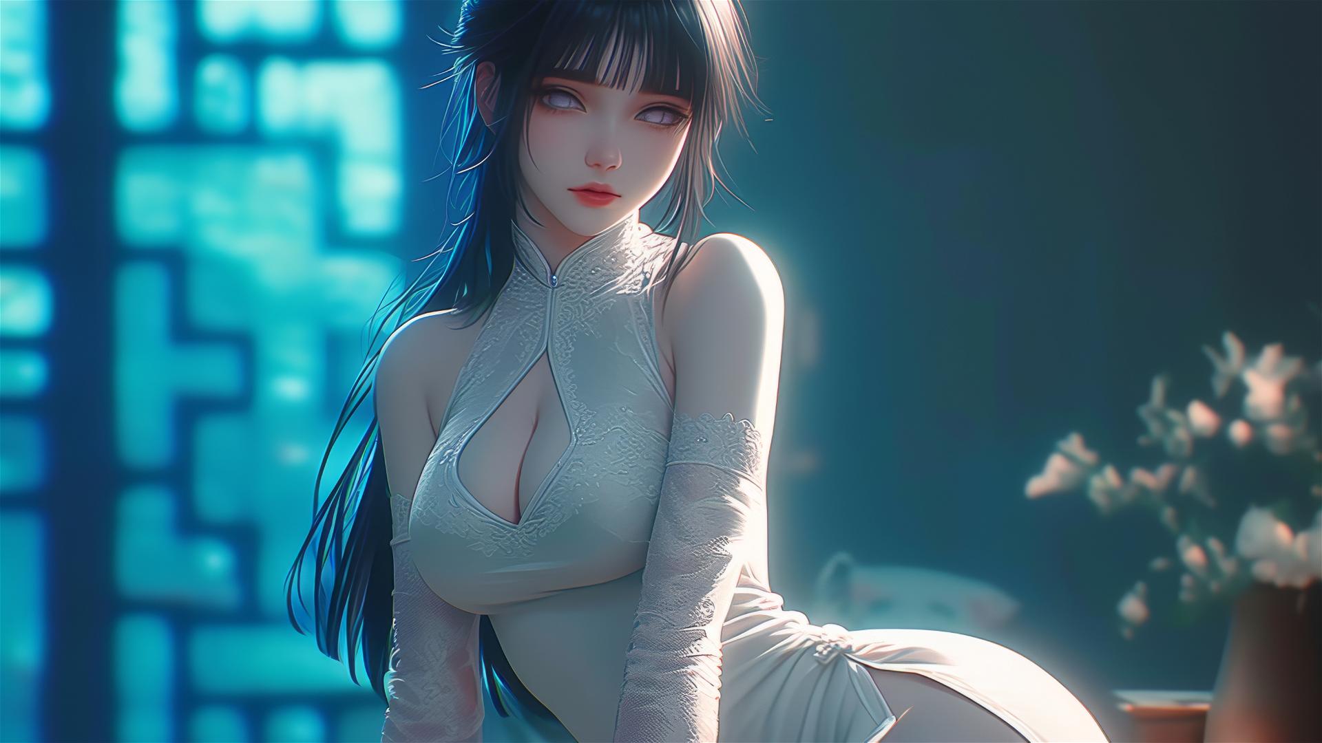 Hinata Hyuga in red dress resting under moonlight at home