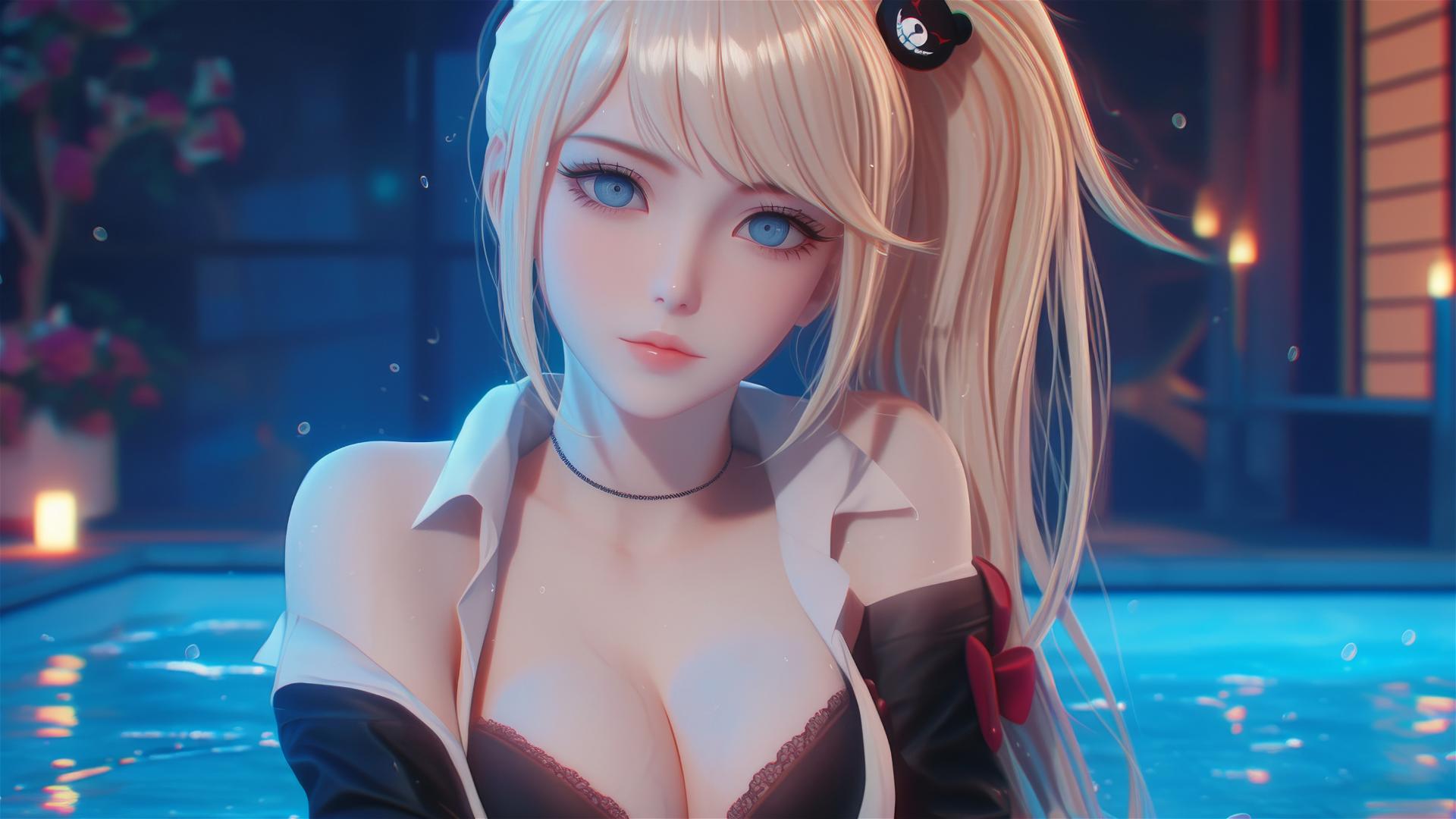 Junko Enoshima resting in a tub, blond hair, blue eyes, hyper realistic