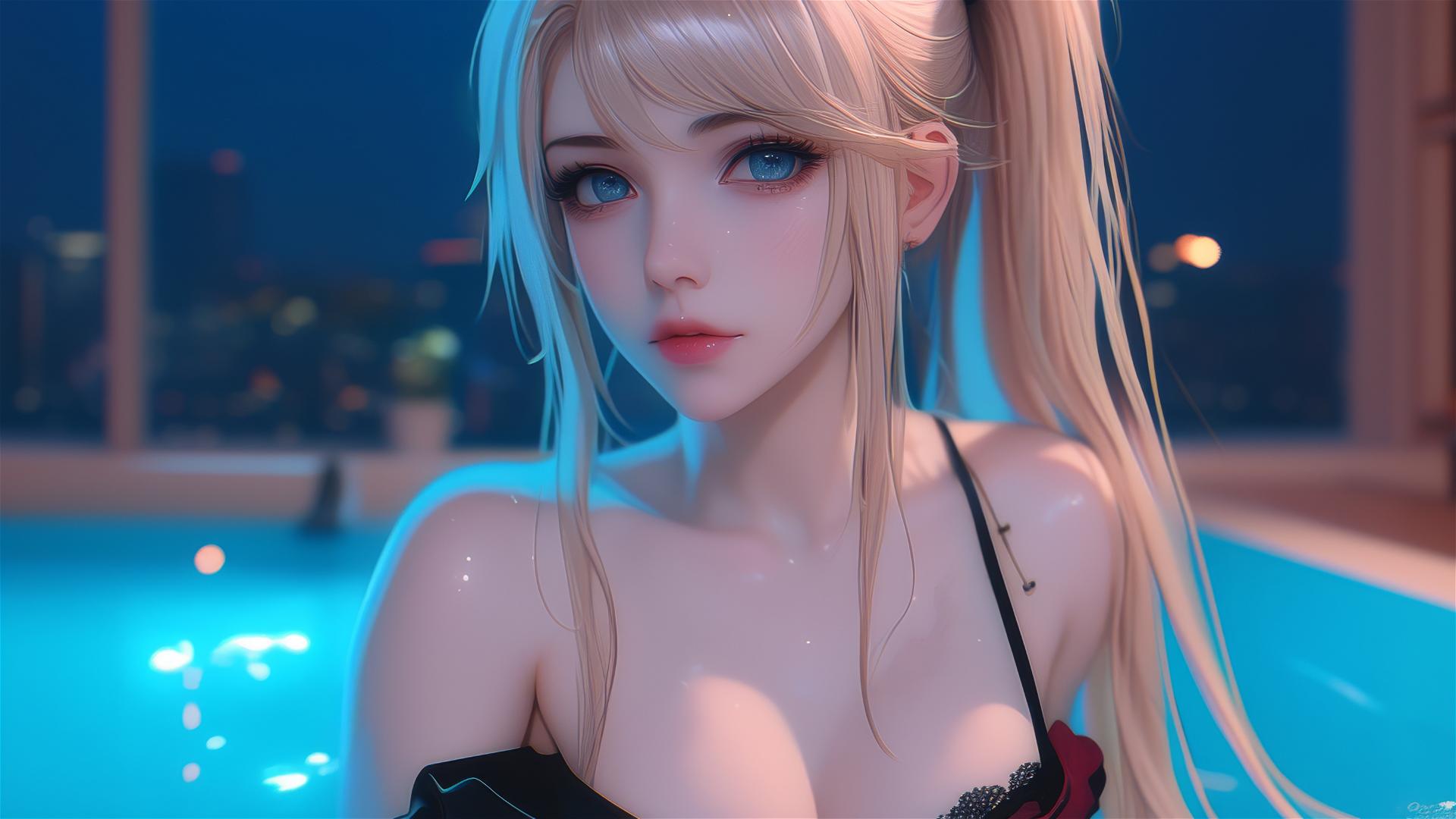 Junko Enoshima from Danganronpa leisurely resting in small tub, blond hair, light blue eyes, hyperrealistic portrayal