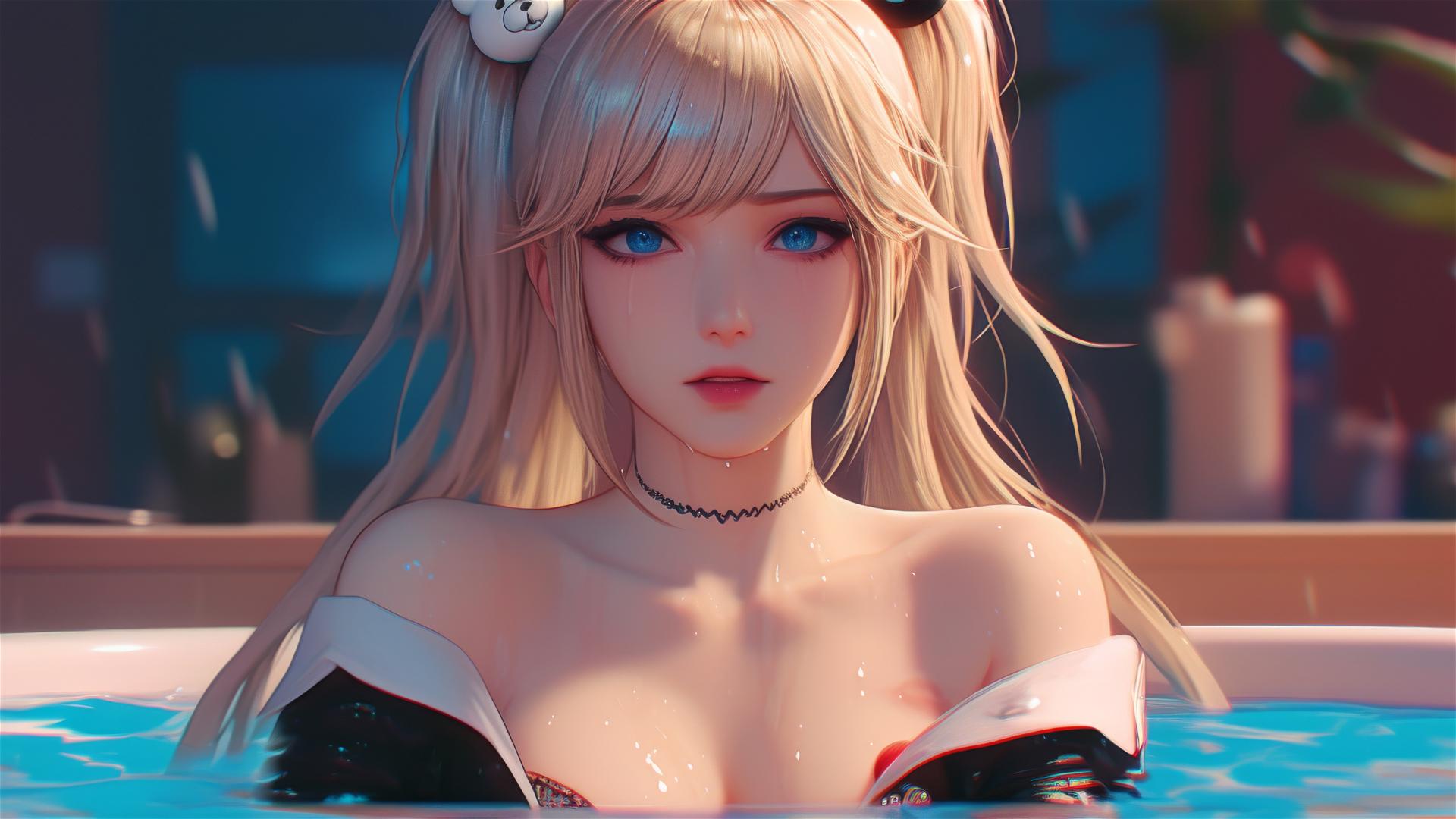 Photorealistic image of Junko Enoshima from Danganronpa, leisurely resting in her apartment tub, featuring her blond hair and light blue eyes in 8k.