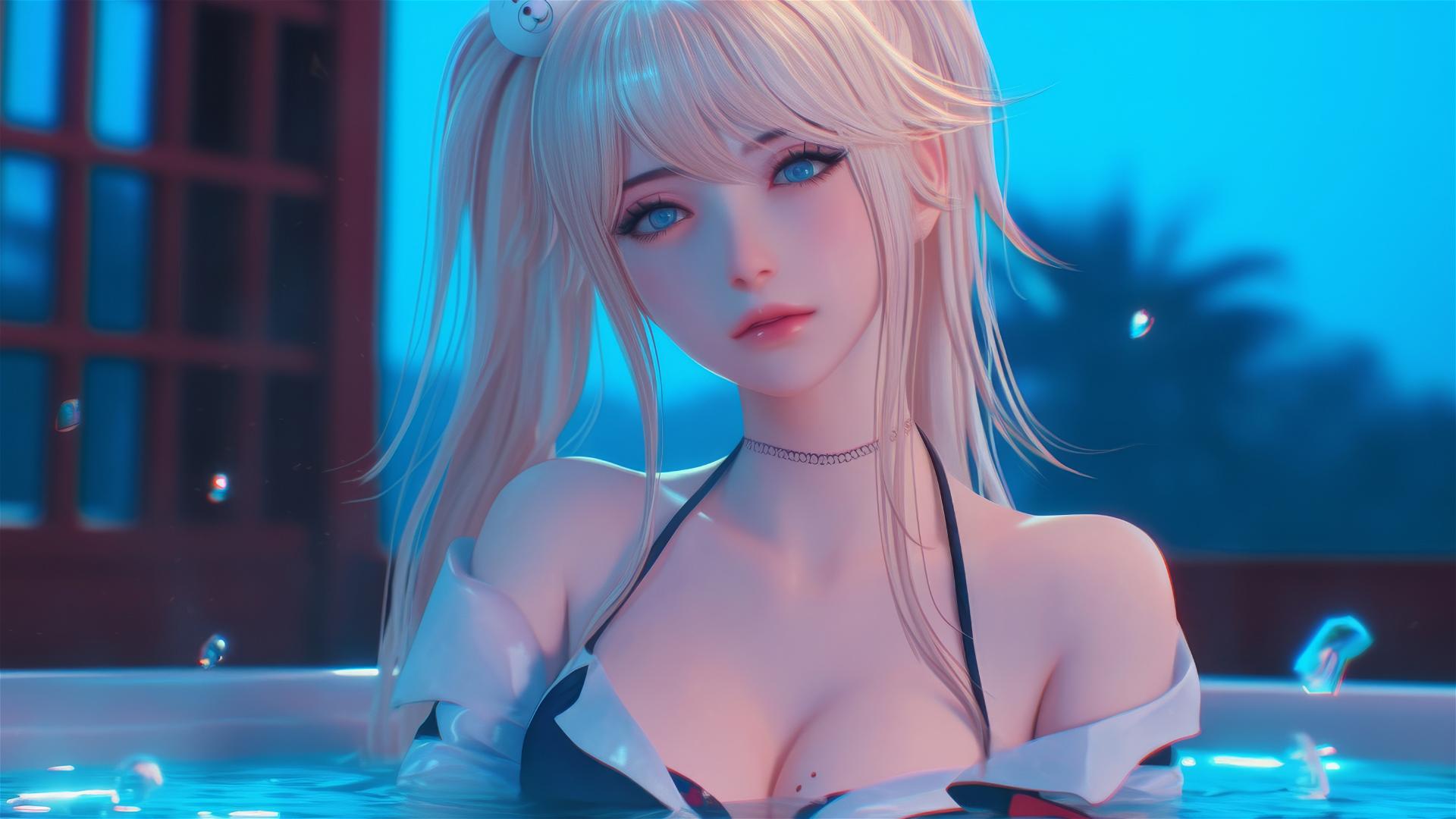 Junko Enoshima resting in a tub, hyper-realistic