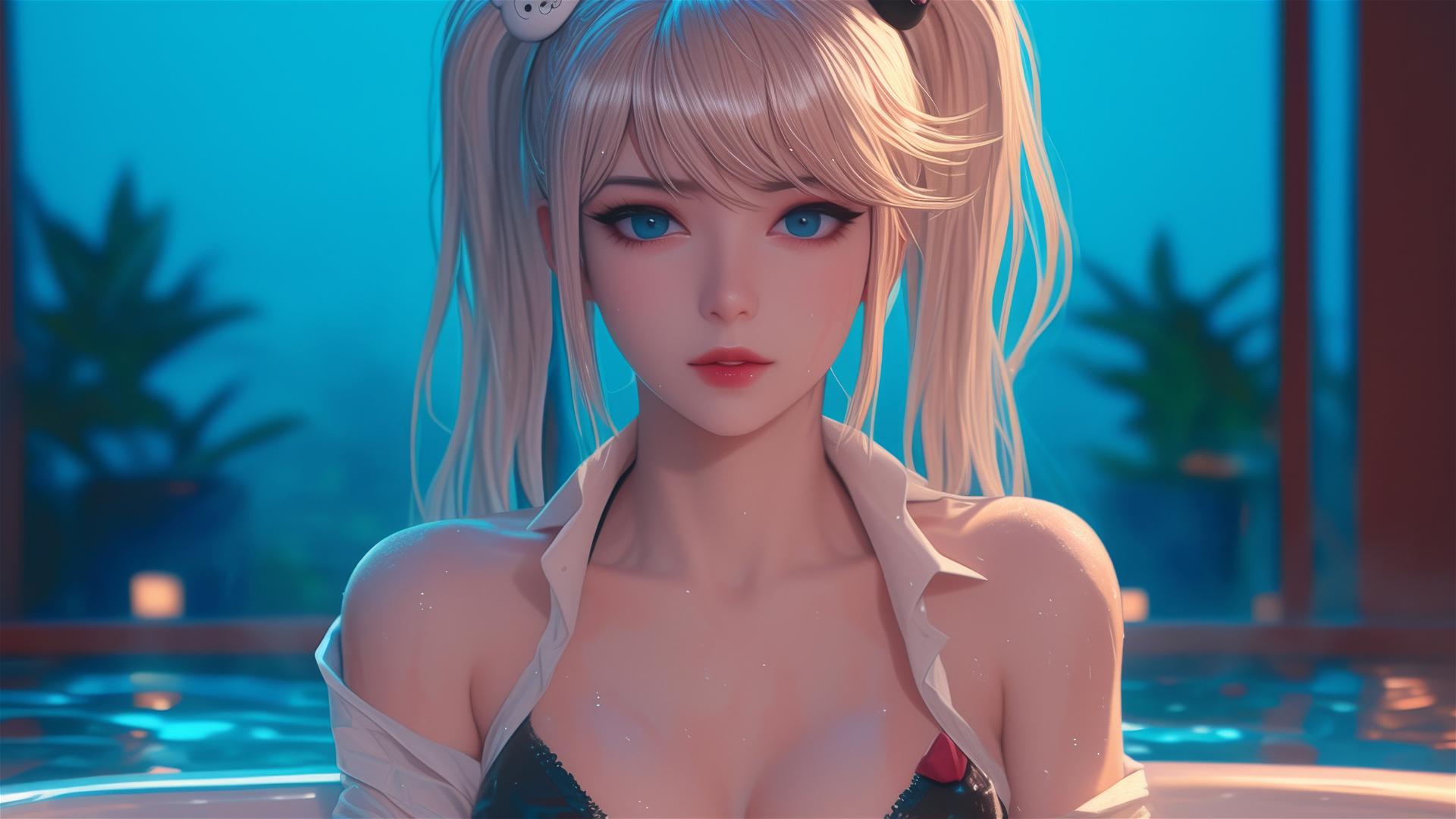 Junko Enoshima resting in a tub, hyper-realistic photo