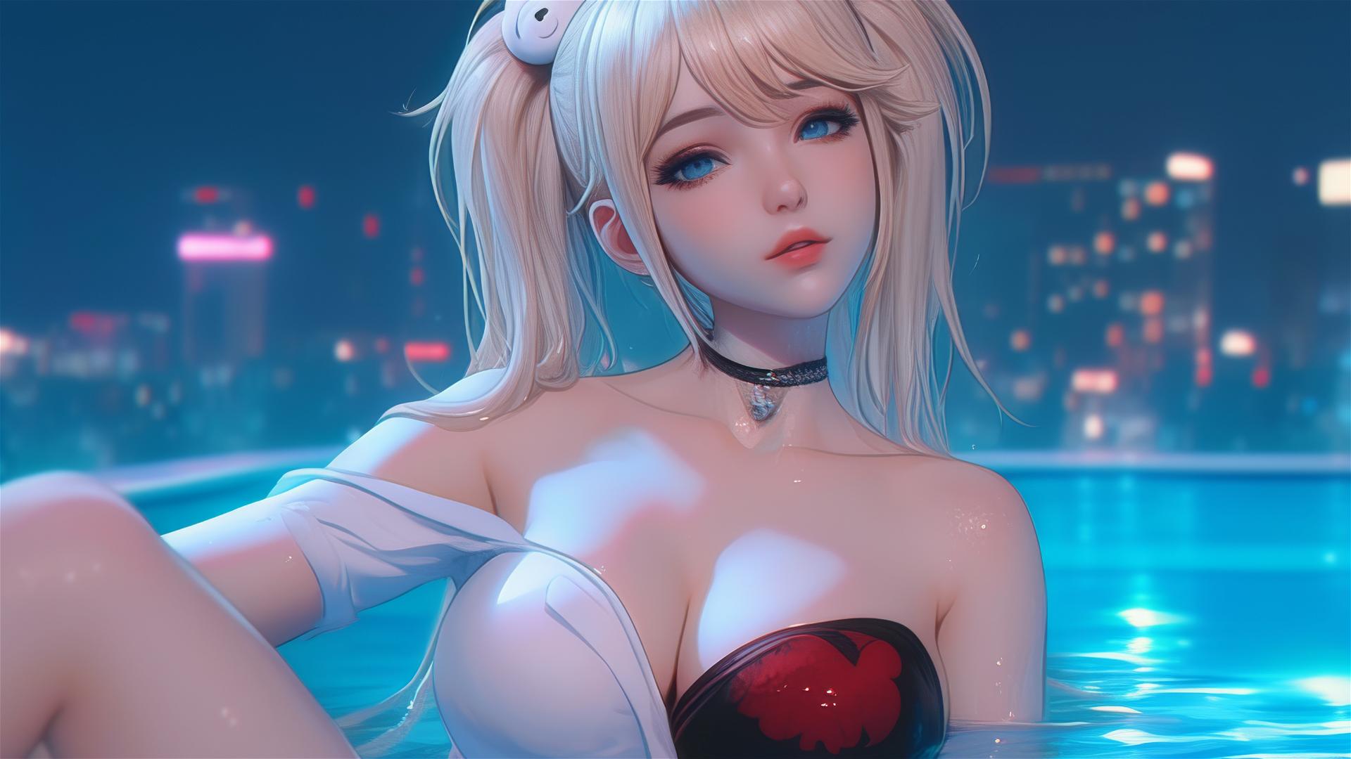 Junko Enoshima resting in a tub, hyper-realistic photorealistic depiction