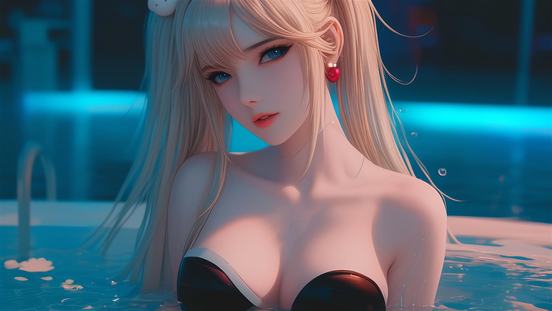 Junko Enoshima relaxing in a small tub, realistic photo