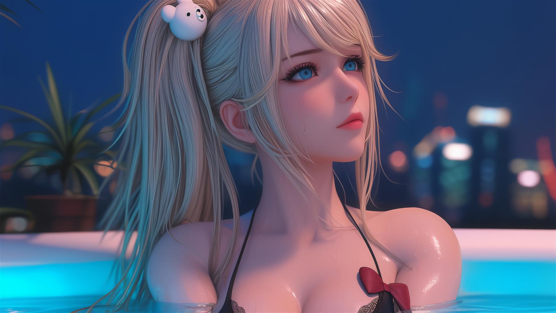 Junko Enoshima from Danganronpa resting in a bathtub, hyper-realistic