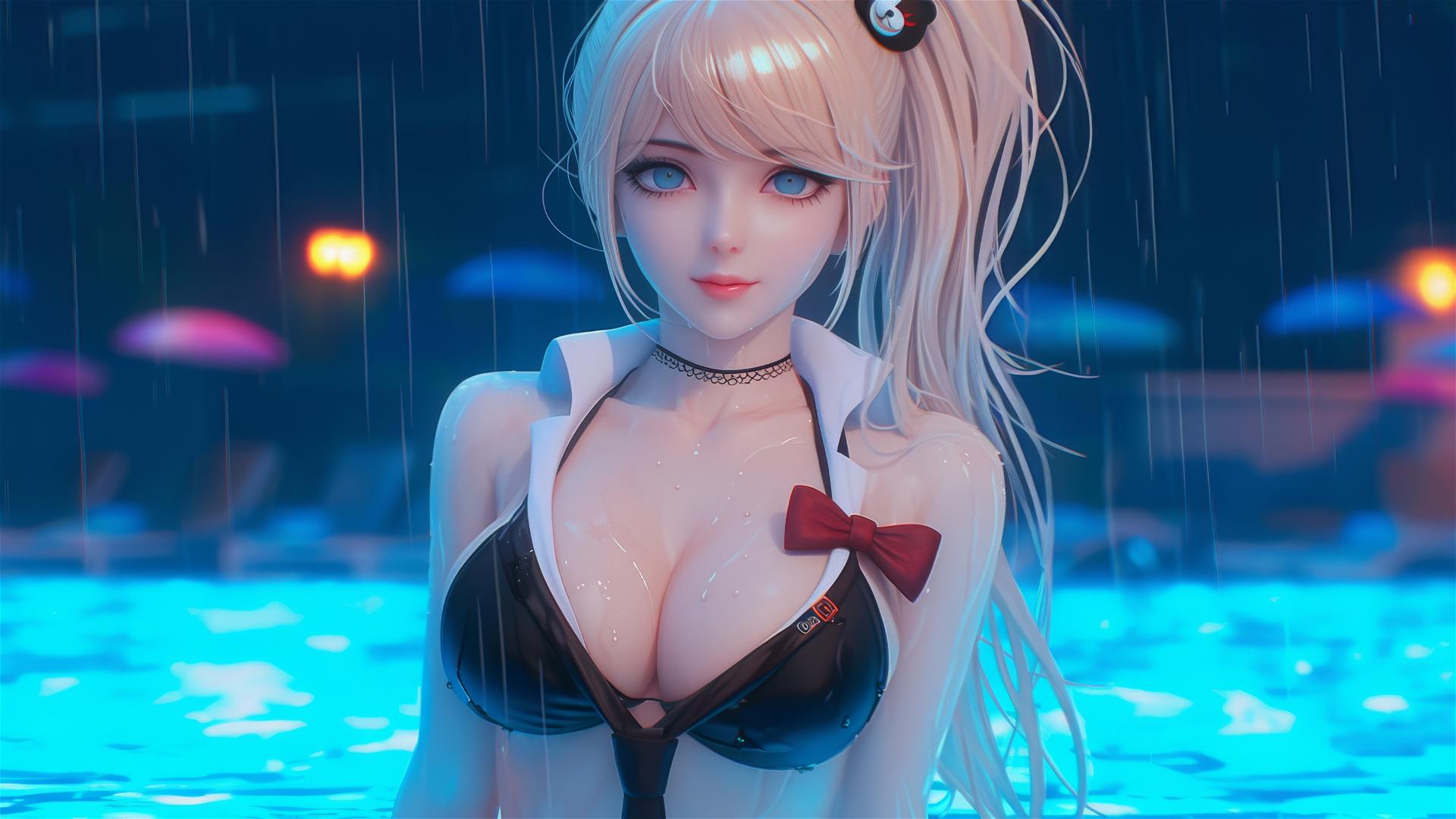 Junko Enoshima relaxing at a rainy pool, focused on thighs, blond hair, light blue eyes