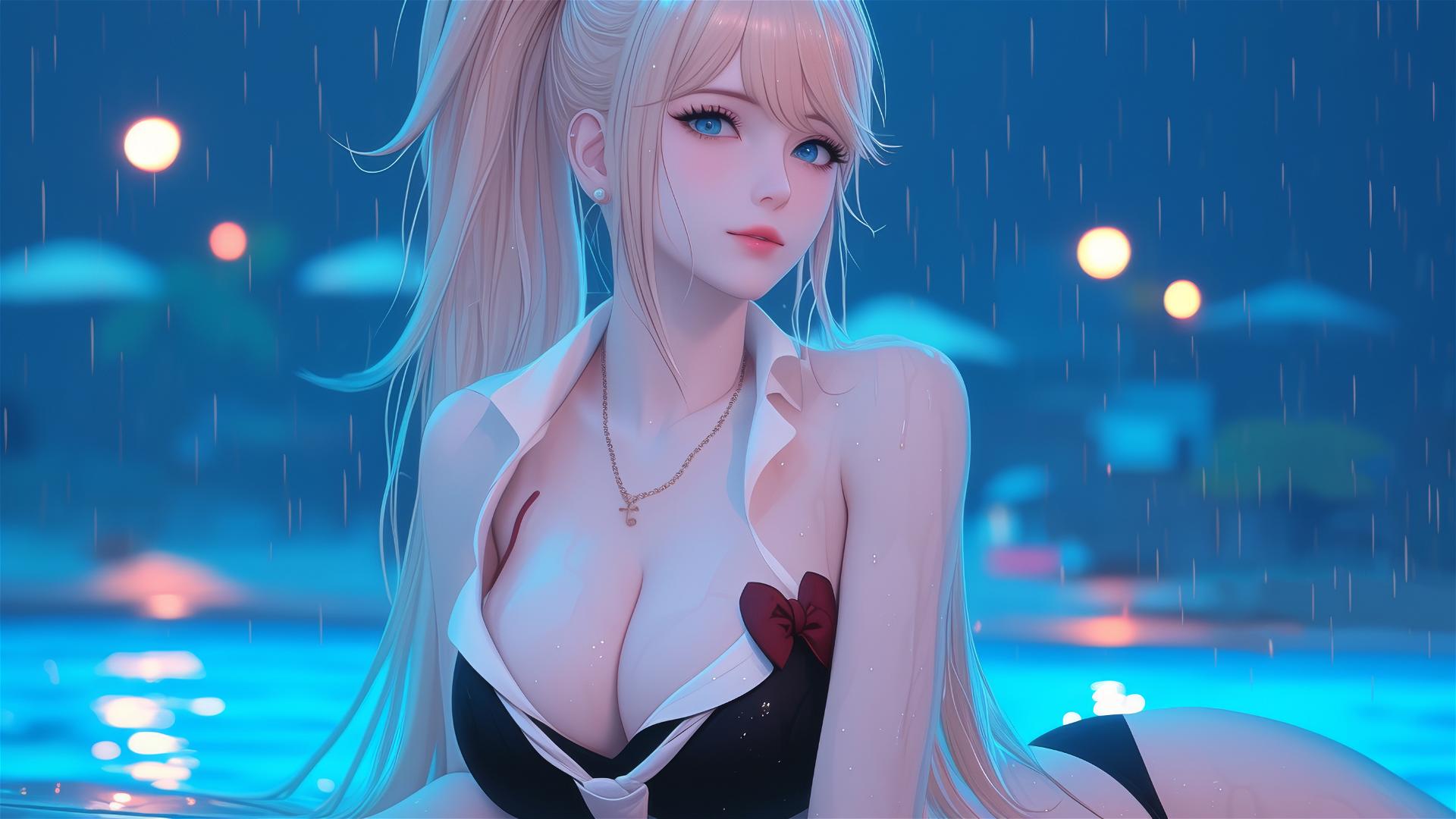 Junko Enoshima from Danganronpa relaxing at a rainy swimming pool, blond hair and light blue eyes, thigh focus, hyper-realistic