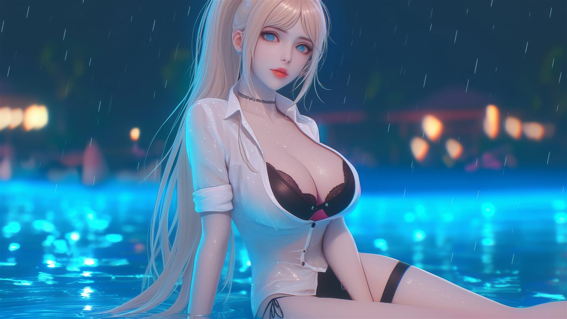 Junko Enoshima resting at rainy pool, thigh focus, blond hair, blue eyes