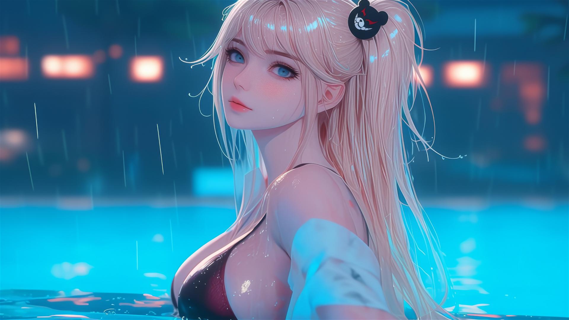 Junko Enoshima resting at rainy pool, blond hair, light blue eyes