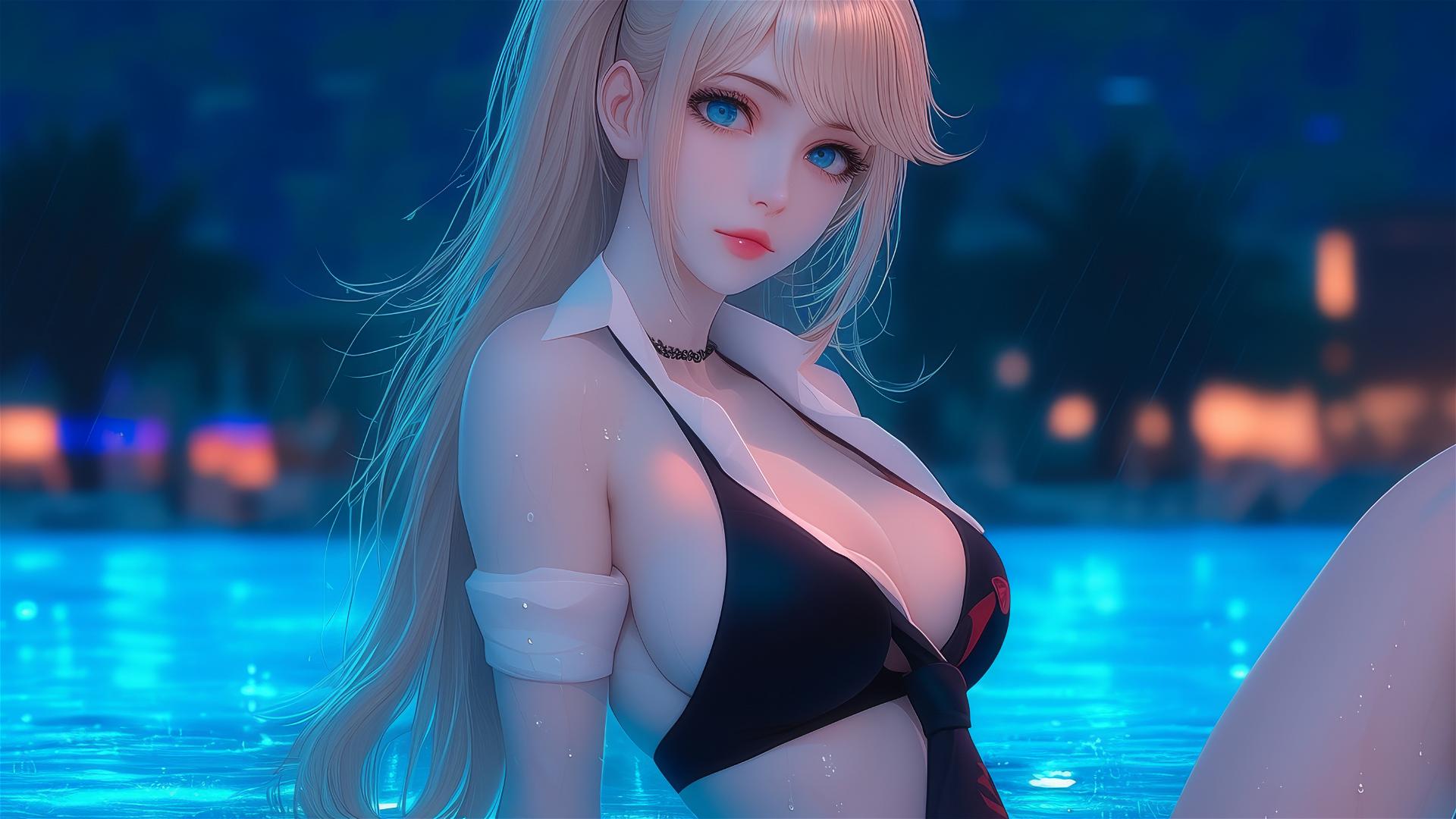 Junko Enoshima resting at a rainy swimming pool, focused on thighs, blonde hair, light blue eyes.