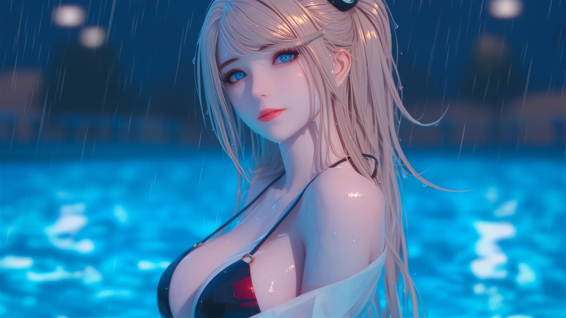 Junko Enoshima resting at a rainy pool with thigh focus