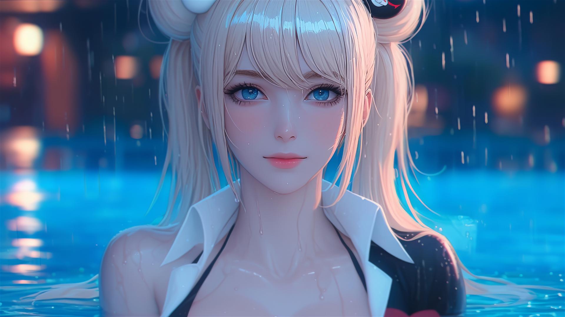 Junko Enoshima resting at a rainy pool, thigh focus, blond hair, blue eyes