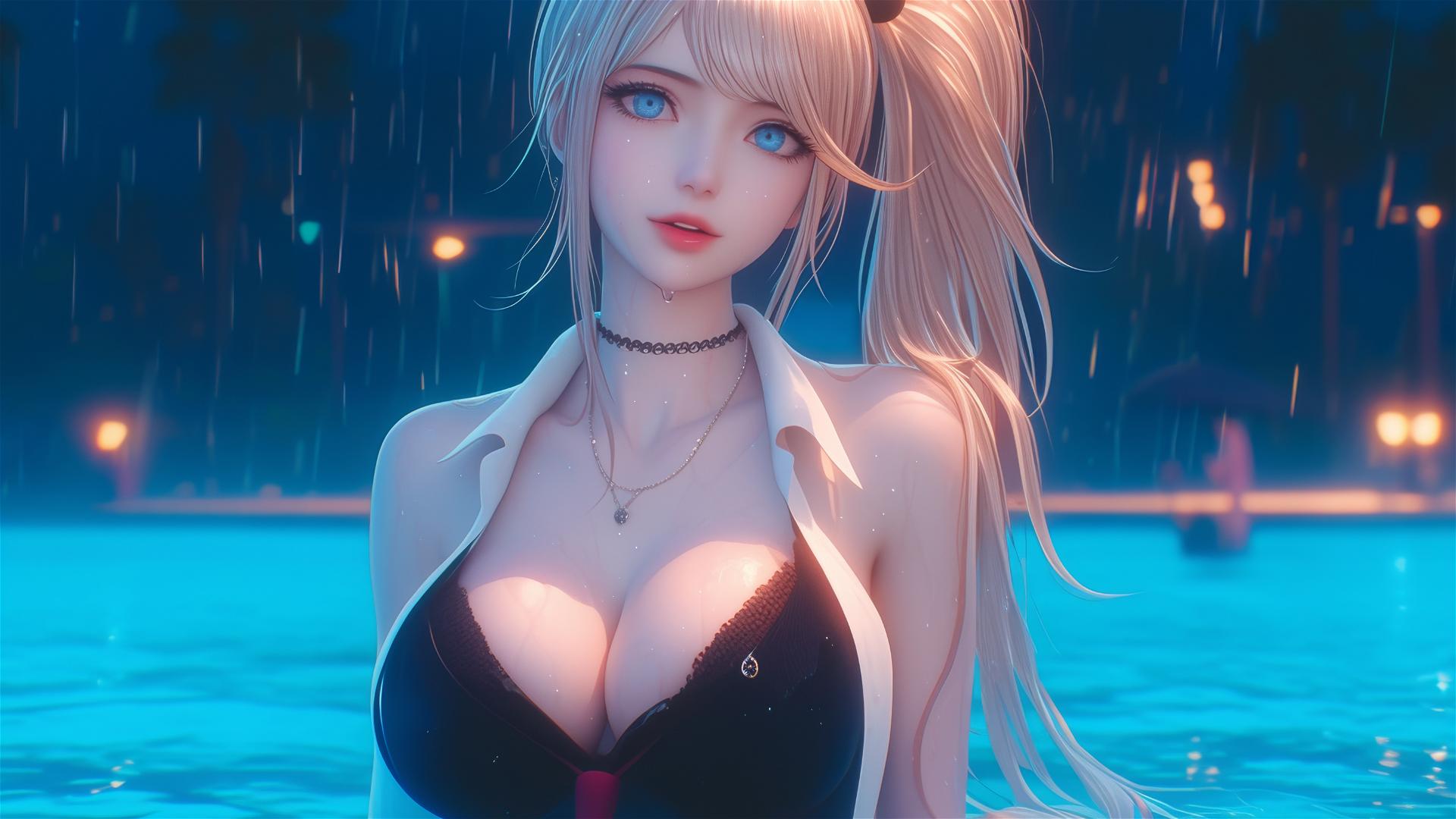 Junko Enoshima from Danganronpa resting at the rainy pool, blond hair, light blue eyes, thigh focus, 8k hyperrealistic photo