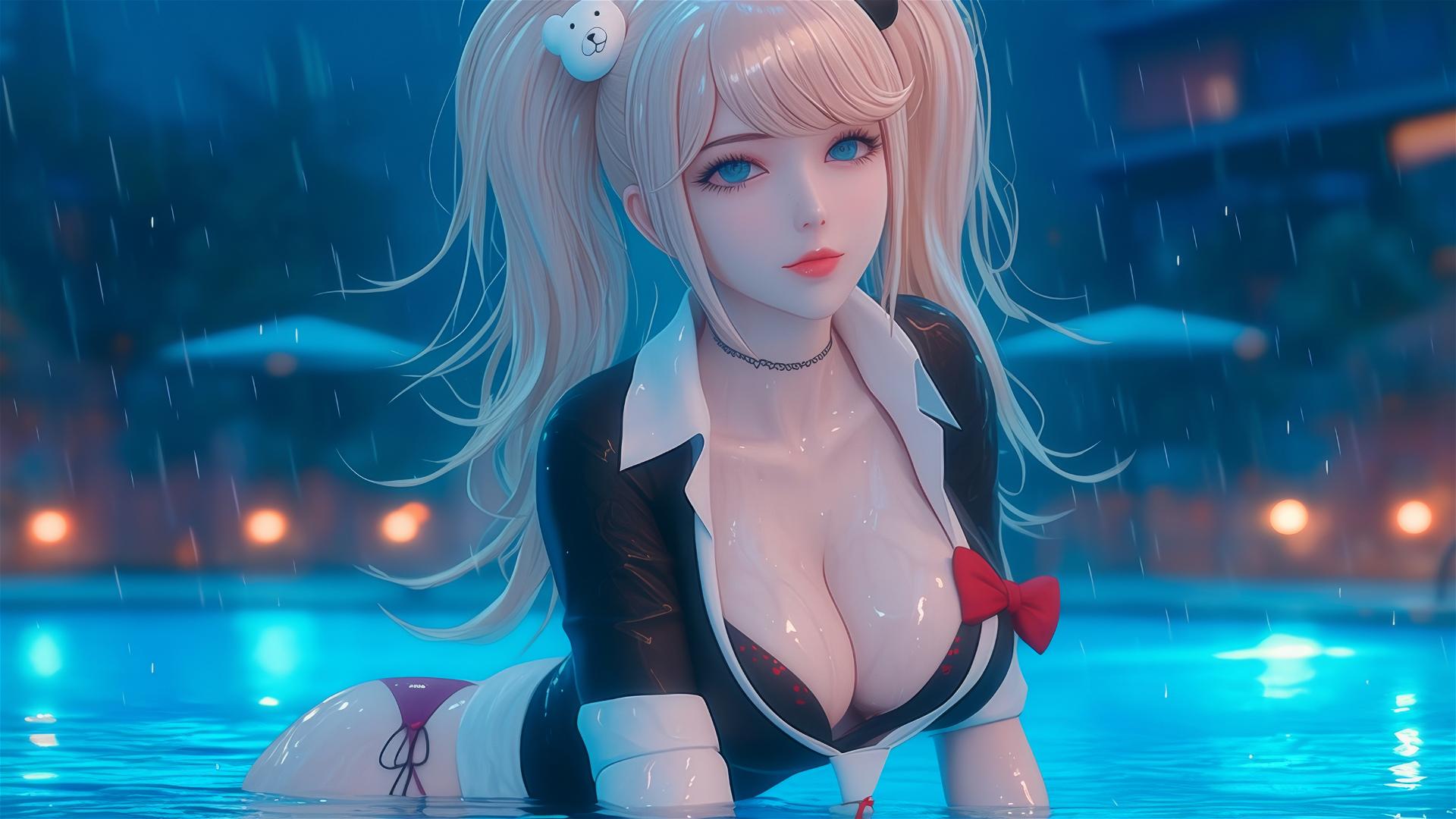 Hyper-realistic image of Junko Enoshima resting at a rainy pool, focusing on her thighs