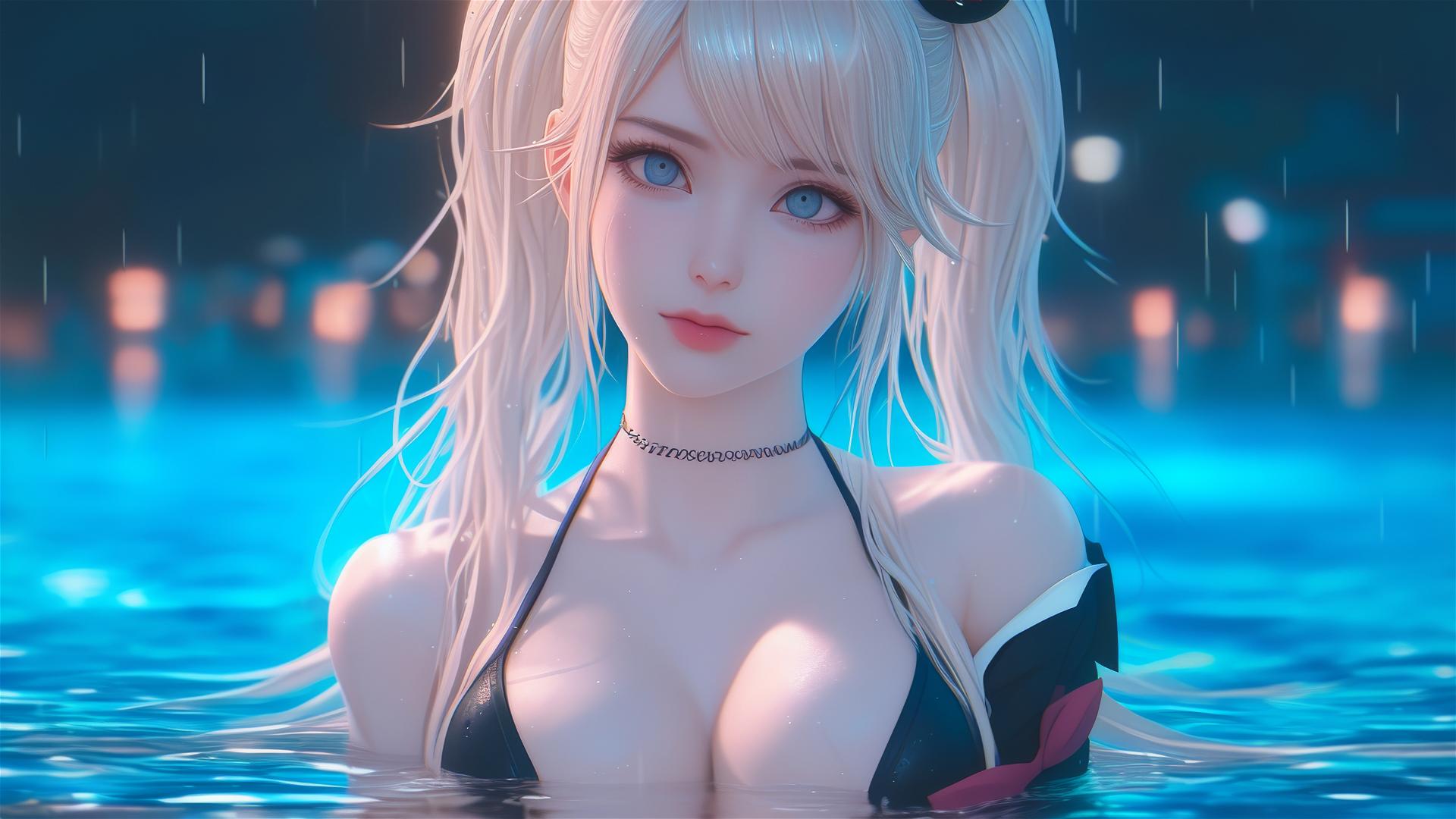 Junko Enoshima from Danganronpa resting at rainy swimming pool, thigh focus, blond hair, light blue eyes, hyperrealistic