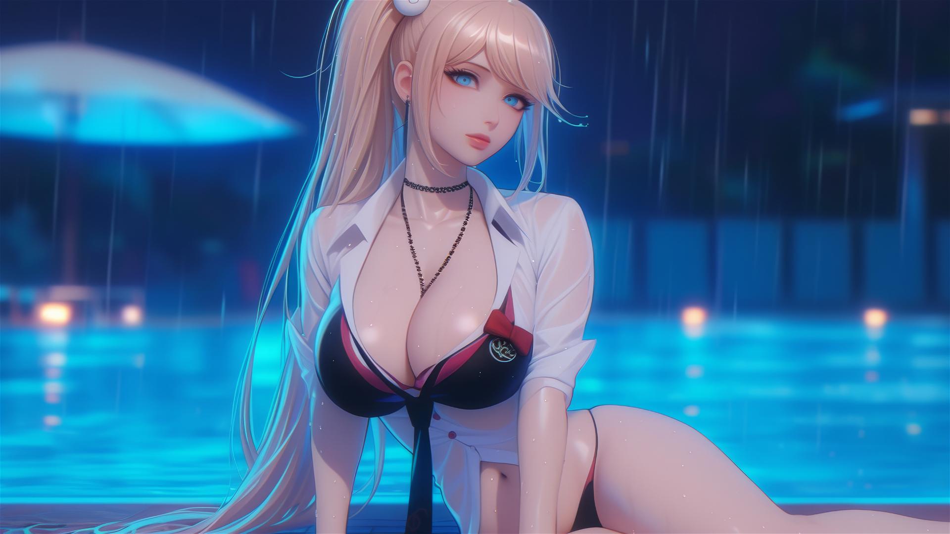 Junko Enoshima resting by a rainy pool, focus on thighs, blond hair, light blue eyes