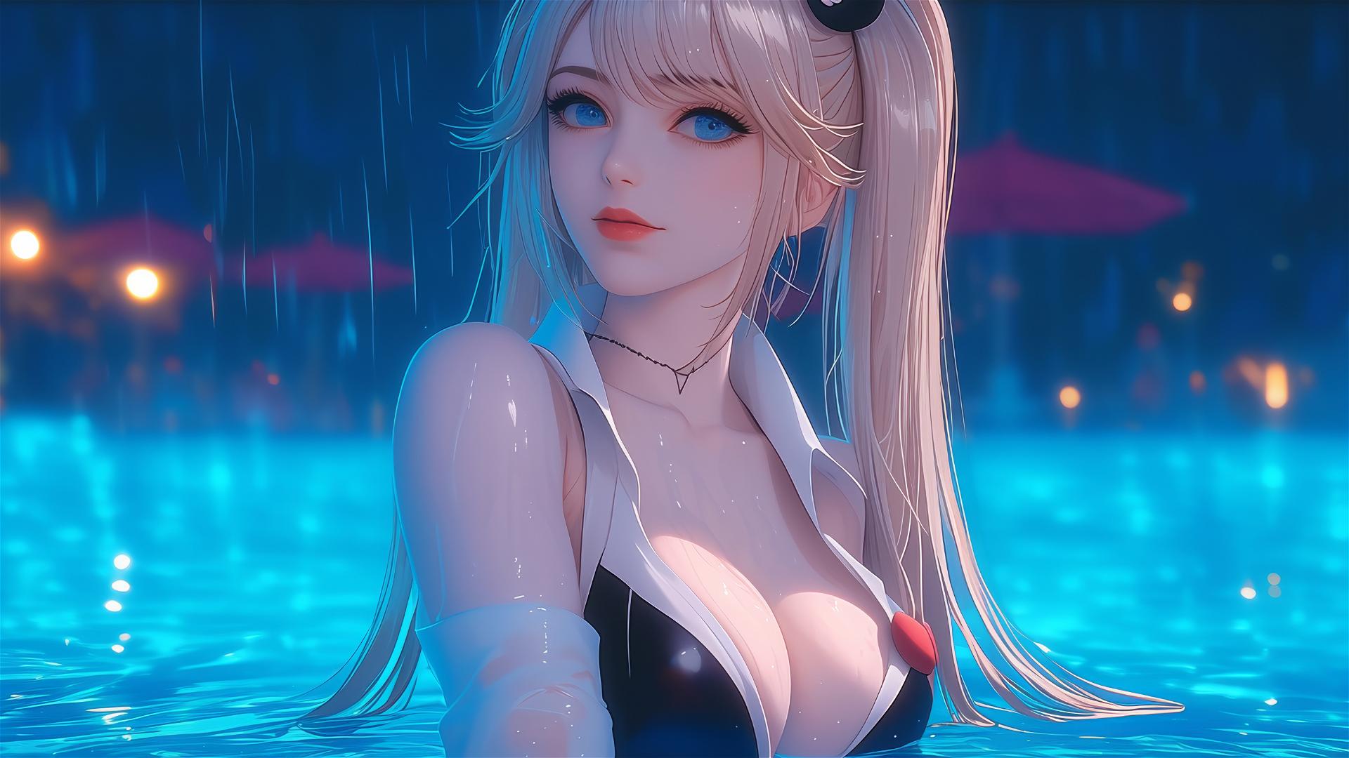 Junko Enoshima resting at a rainy pool, focused on thighs, blond hair, light blue eyes