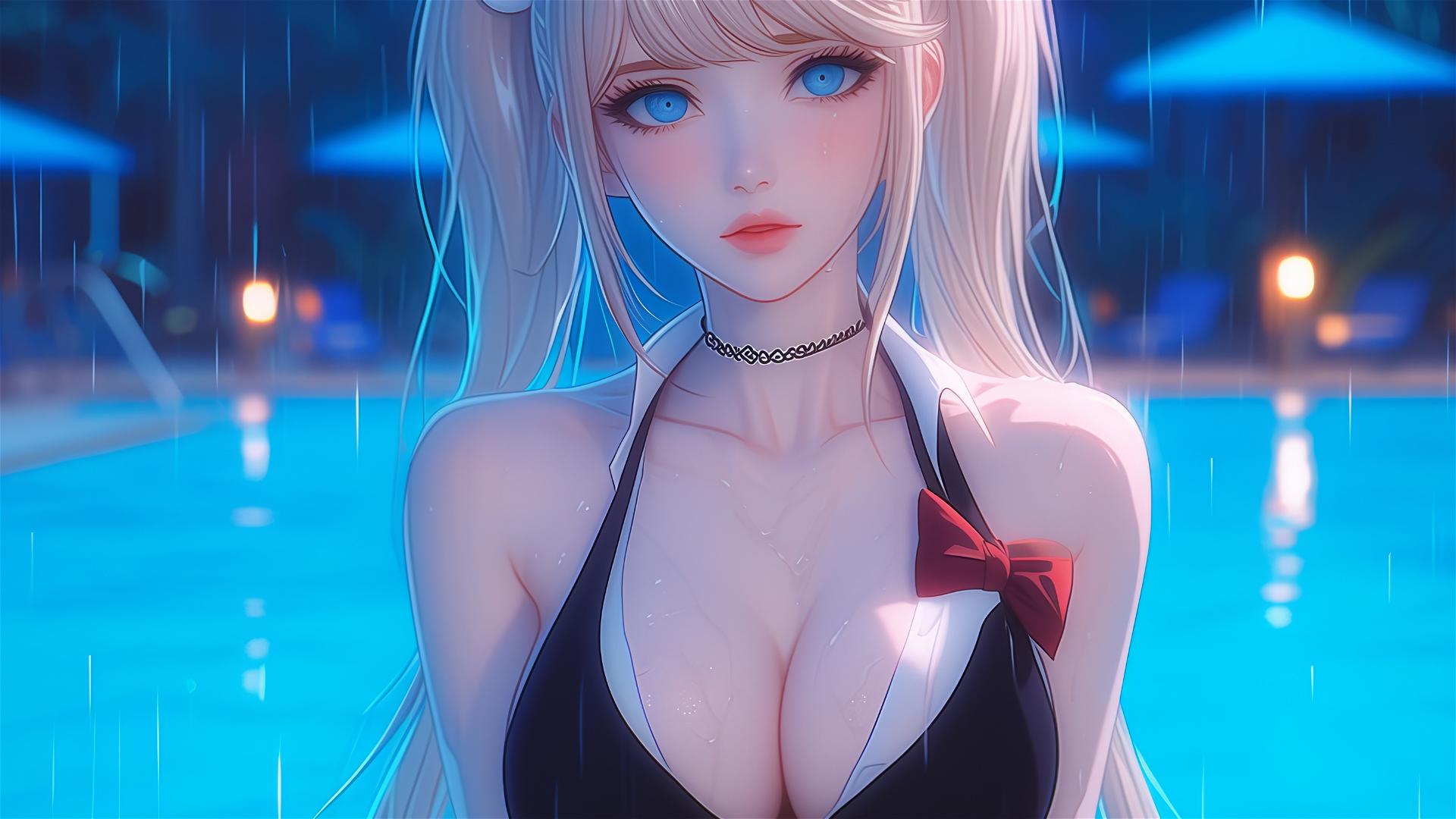 Junko Enoshima resting at a rainy pool, blonde hair, light blue eyes