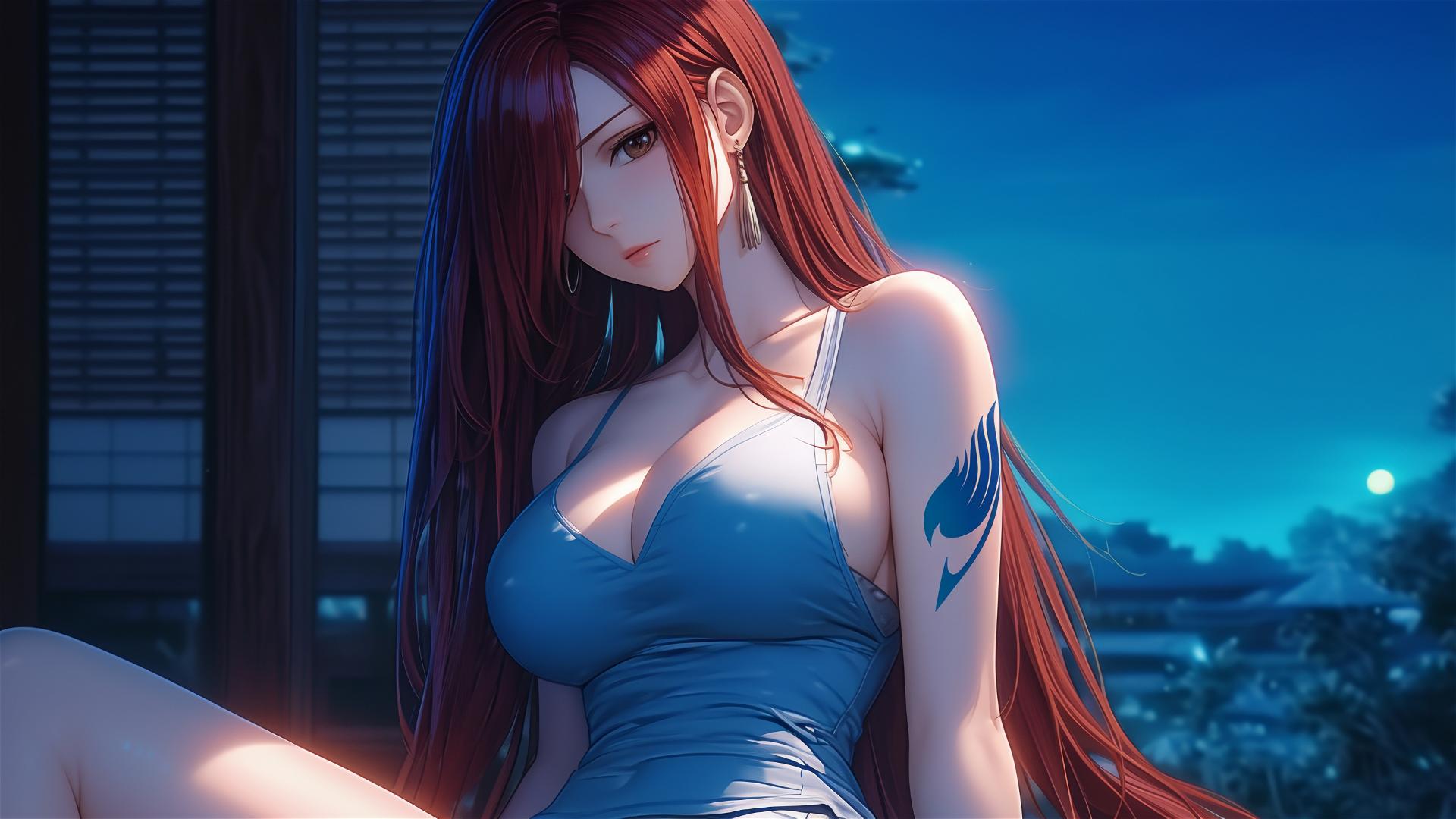 Erza Scarlet from Fairy Tail resting at home under moonlight