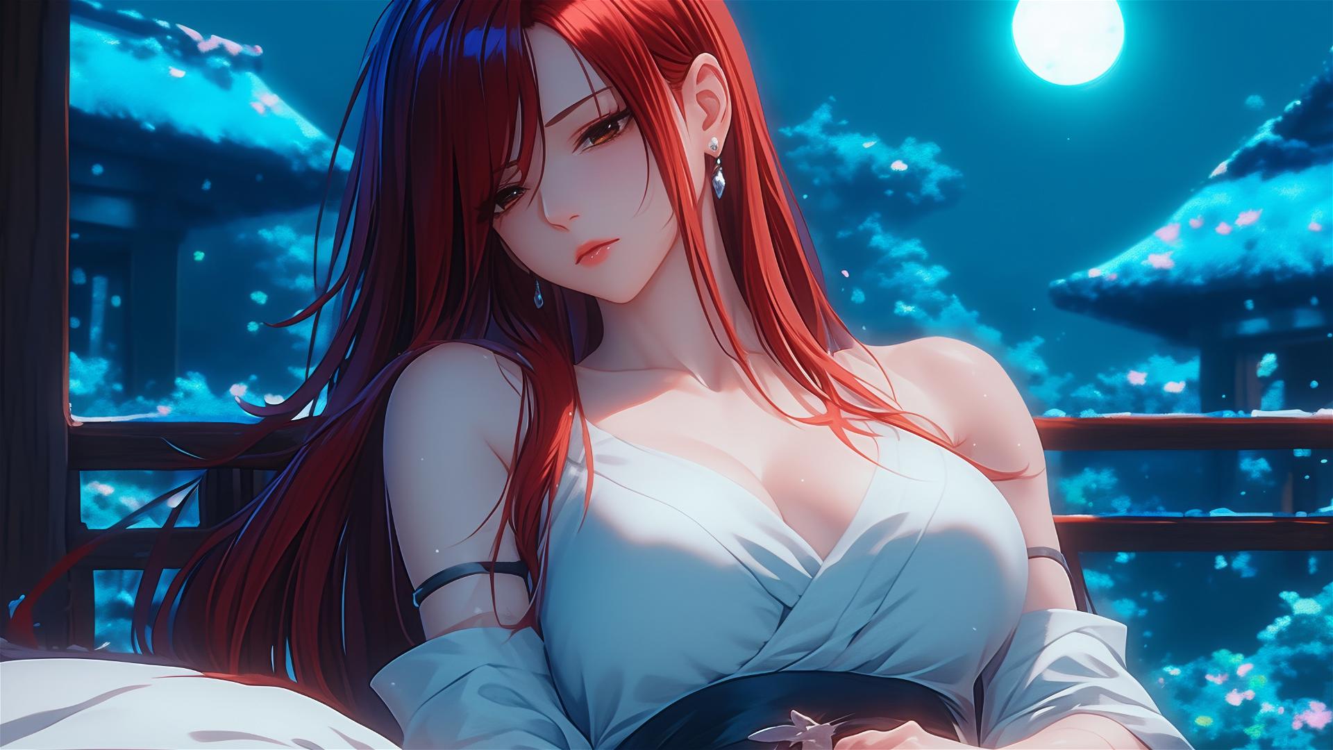 Erza Scarlet from Fairy Tail resting at home with moonlight on her figure