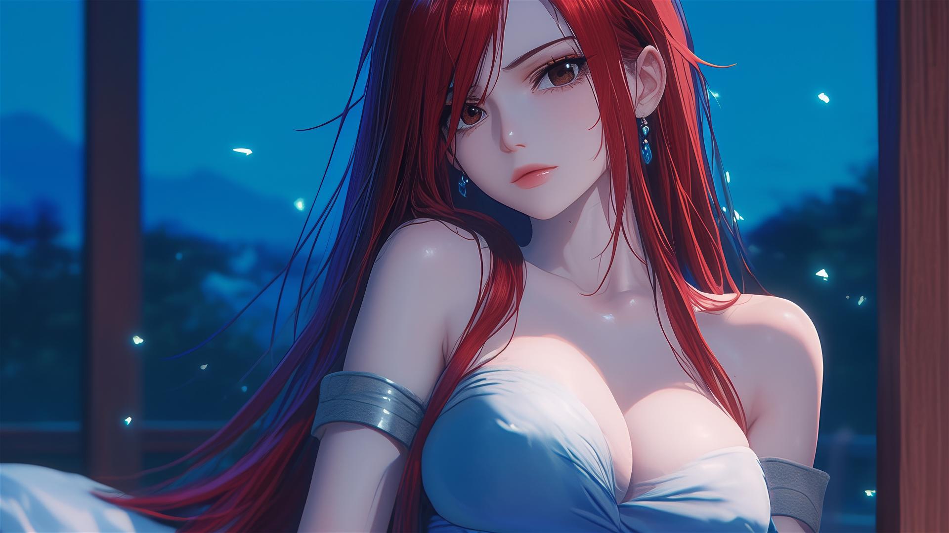 Erza Scarlet resting at home with moonlight on her
