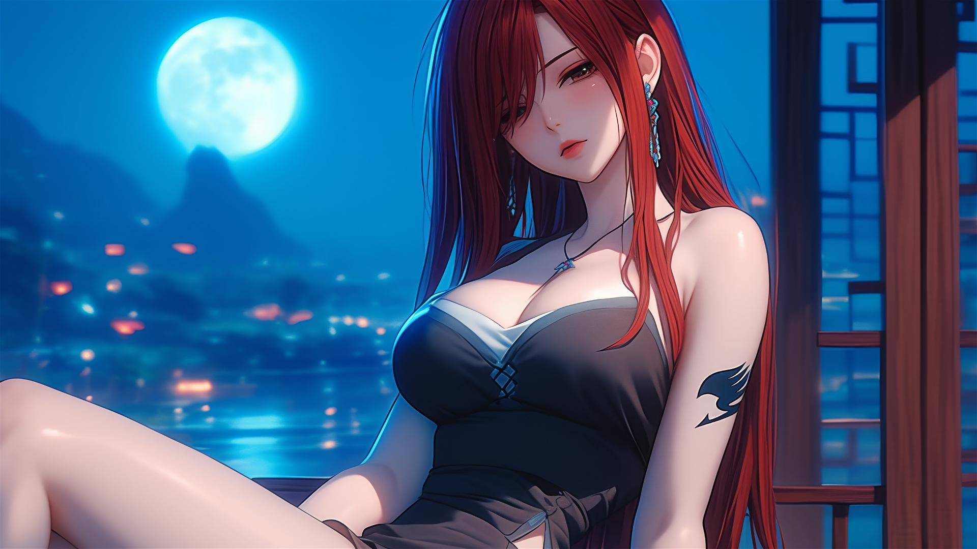 Erza Scarlet from Fairy Tail resting at home under moonlight.