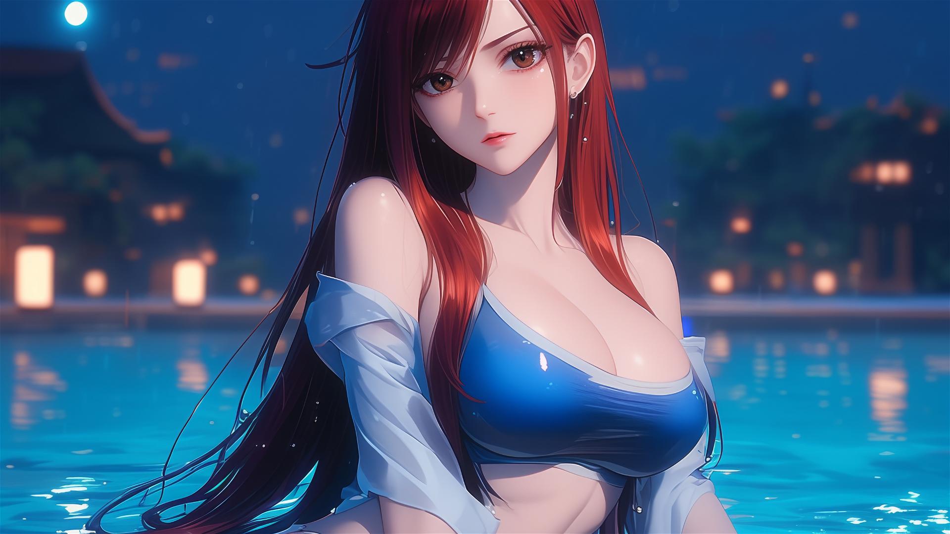 Erza Scarlet from Fairy Tail resting by a rainy pool under moonlight