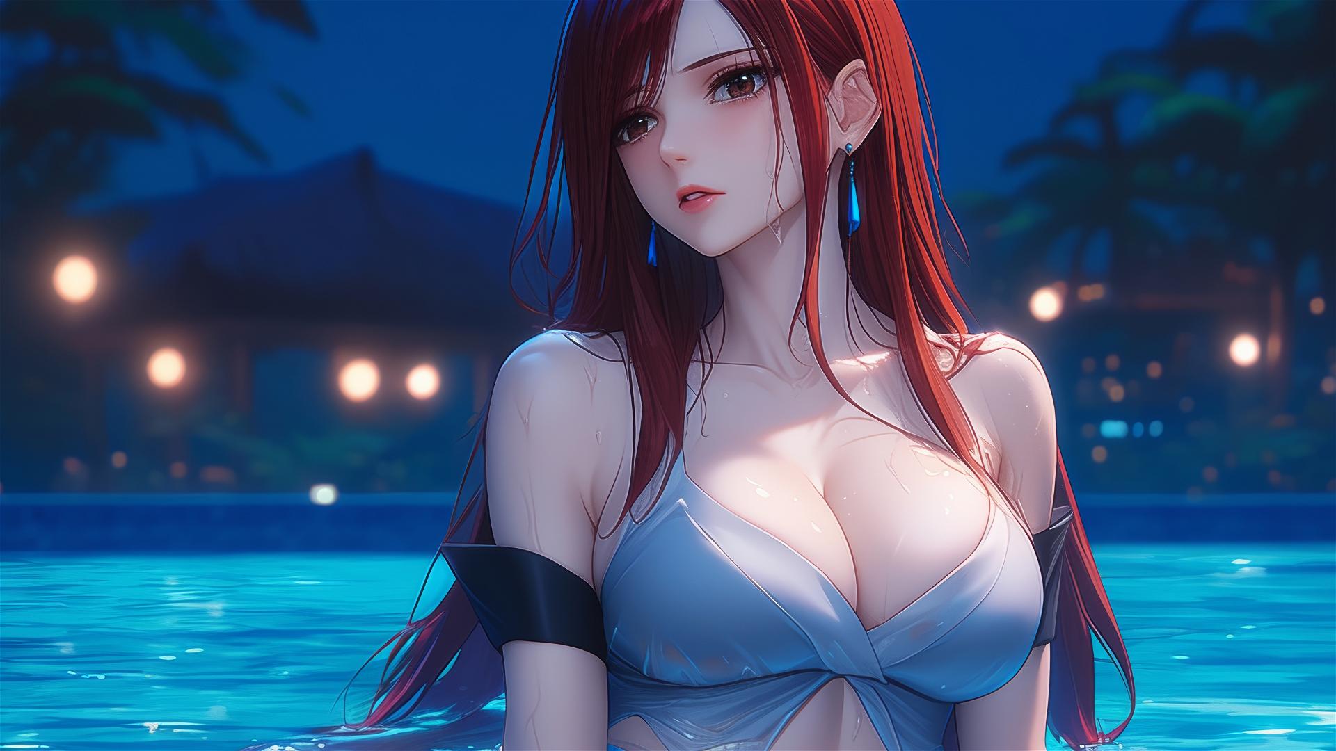 Erza Scarlet resting by a rainy pool under moonlight