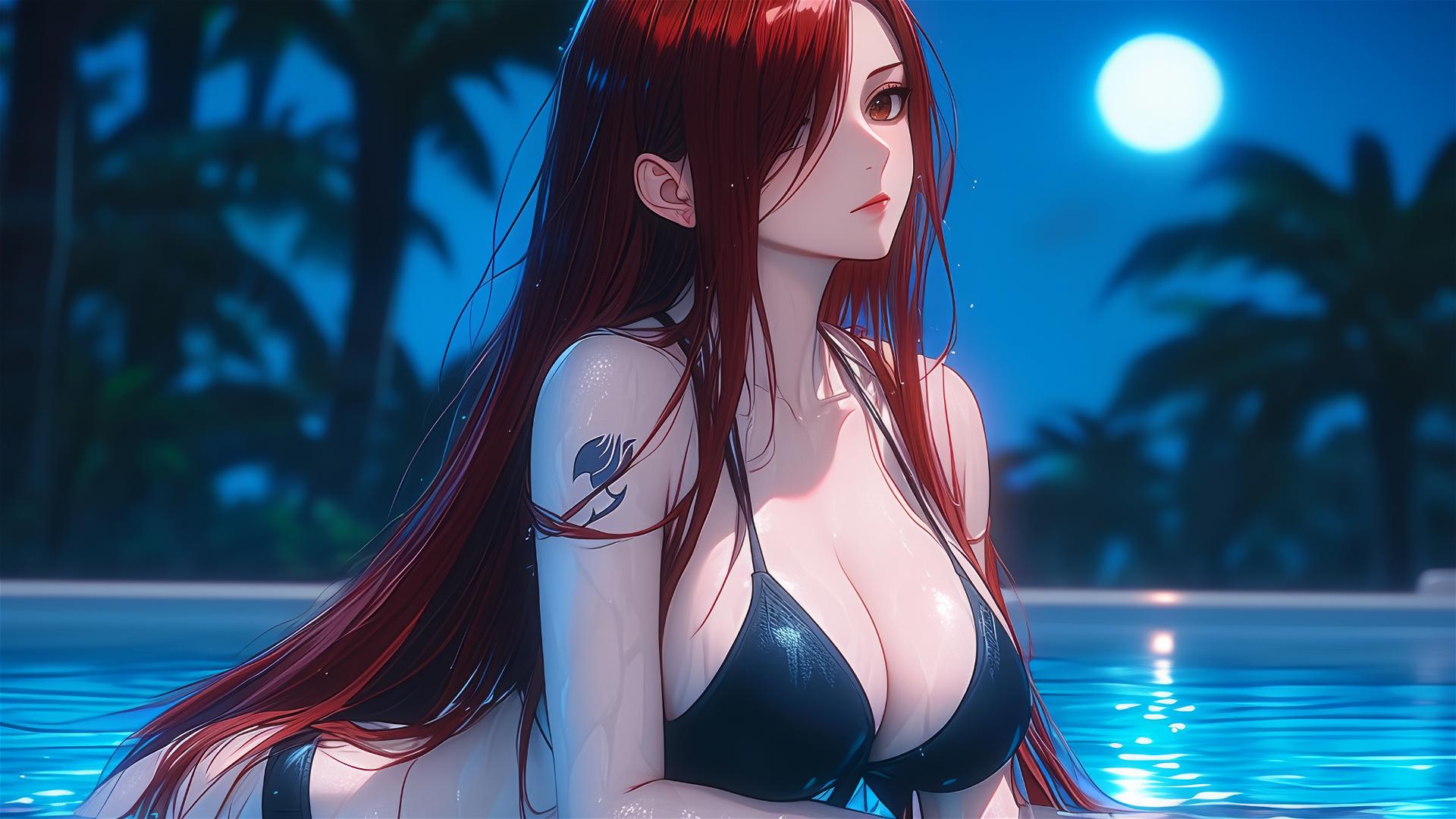 Erza Scarlet from Fairy Tail resting by a rainy pool illuminated by moonlight.