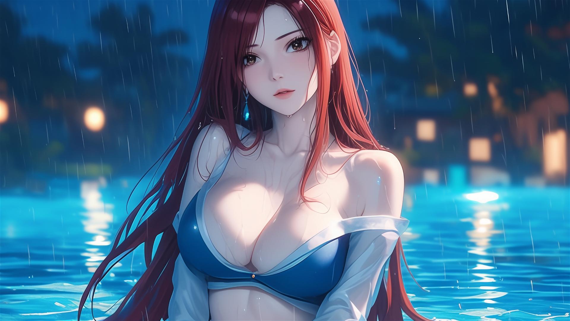 Erza Scarlet from Fairy Tail resting by a rainy pool under moonlight