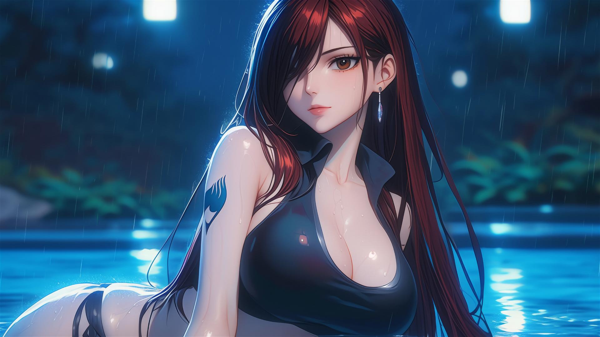 Erza Scarlet from Fairy Tail resting by a rainy pool with moonlight glow