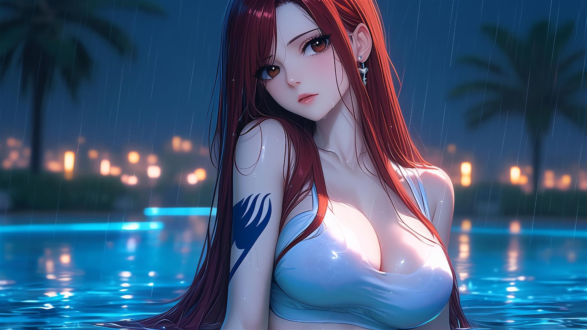 Erza Scarlet from Fairy Tail resting by a rainy swimming pool under moonlight