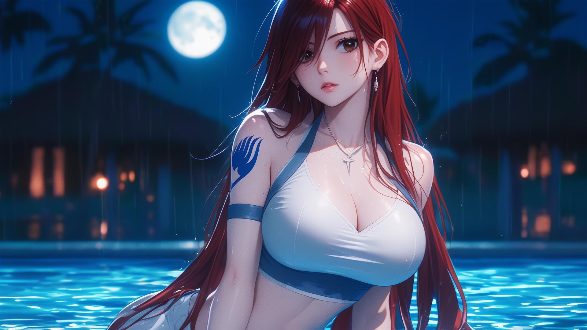 Erza Scarlet from Fairy Tail resting by pool under moonlight