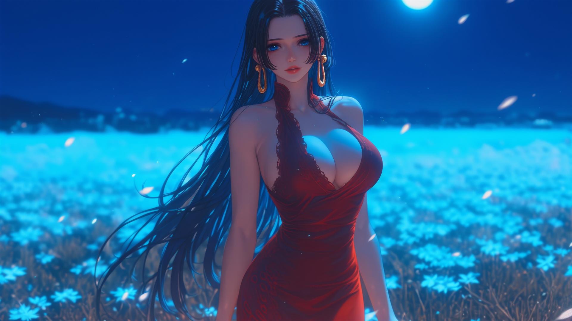 Boa Hancock from One Piece walks in blooming fields under starry night sky, moonlight casting a soft glow on her red dress.